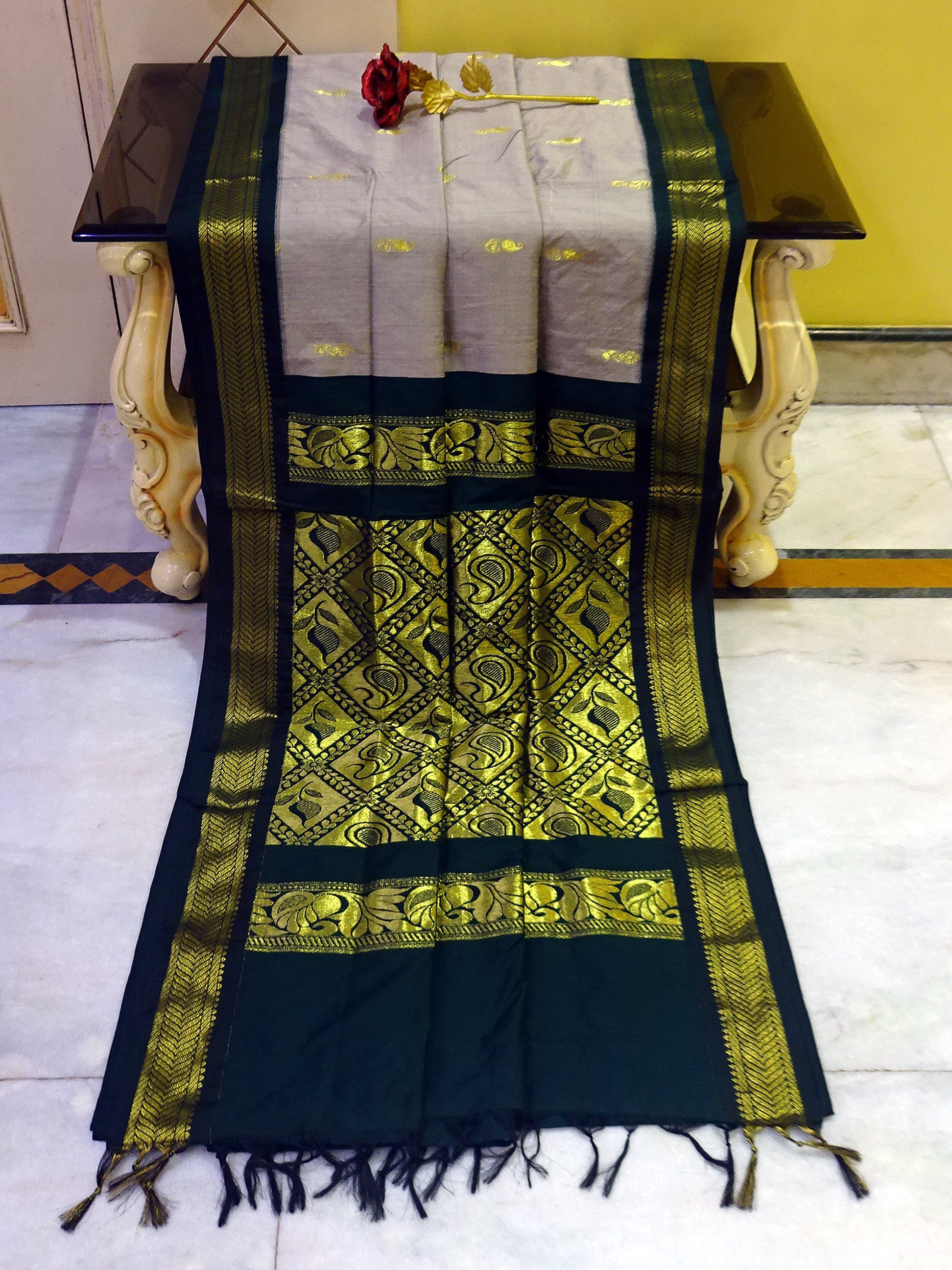 Banarasi Border Soft South Cotton Gadwal with Rich Pallu in Cloud Gray and Black