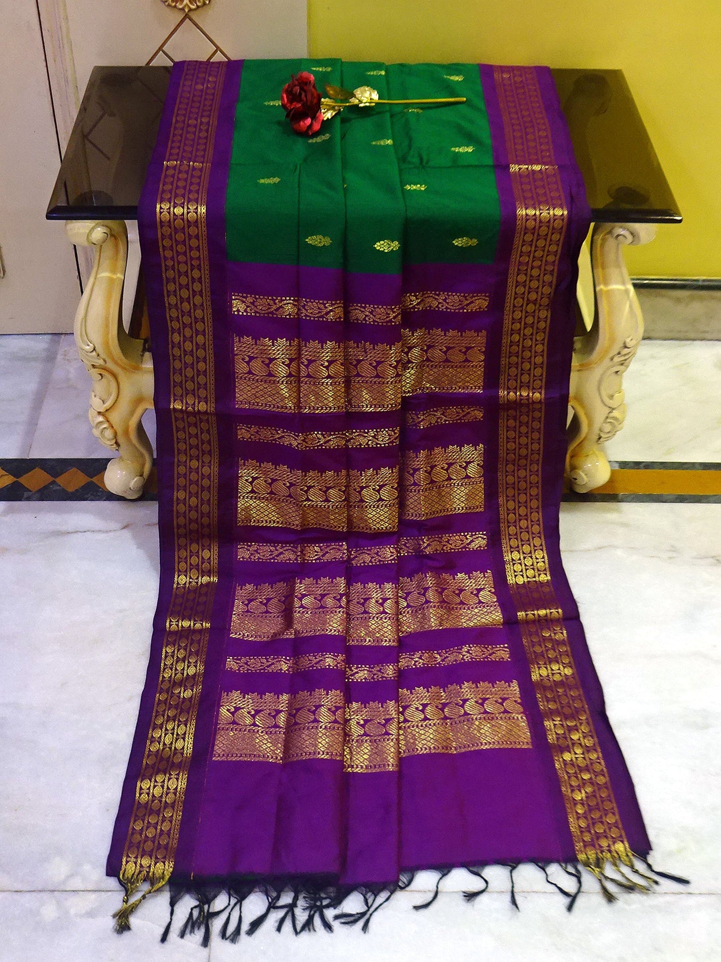 Banarasi Border Soft South Cotton Gadwal with Rich Pallu in Green and Purple