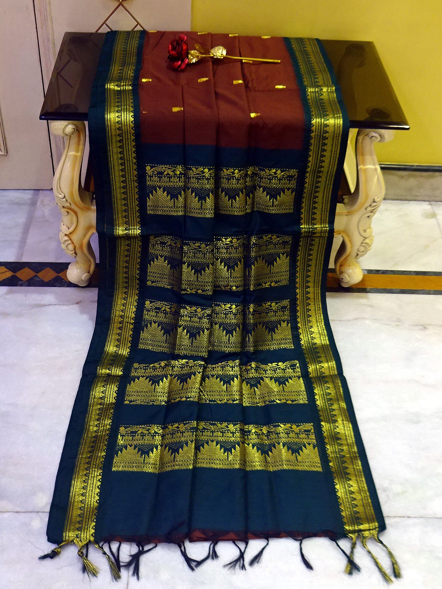 Banarasi Border Soft South Cotton Gadwal with Rich Pallu in Brown and Dark Blue