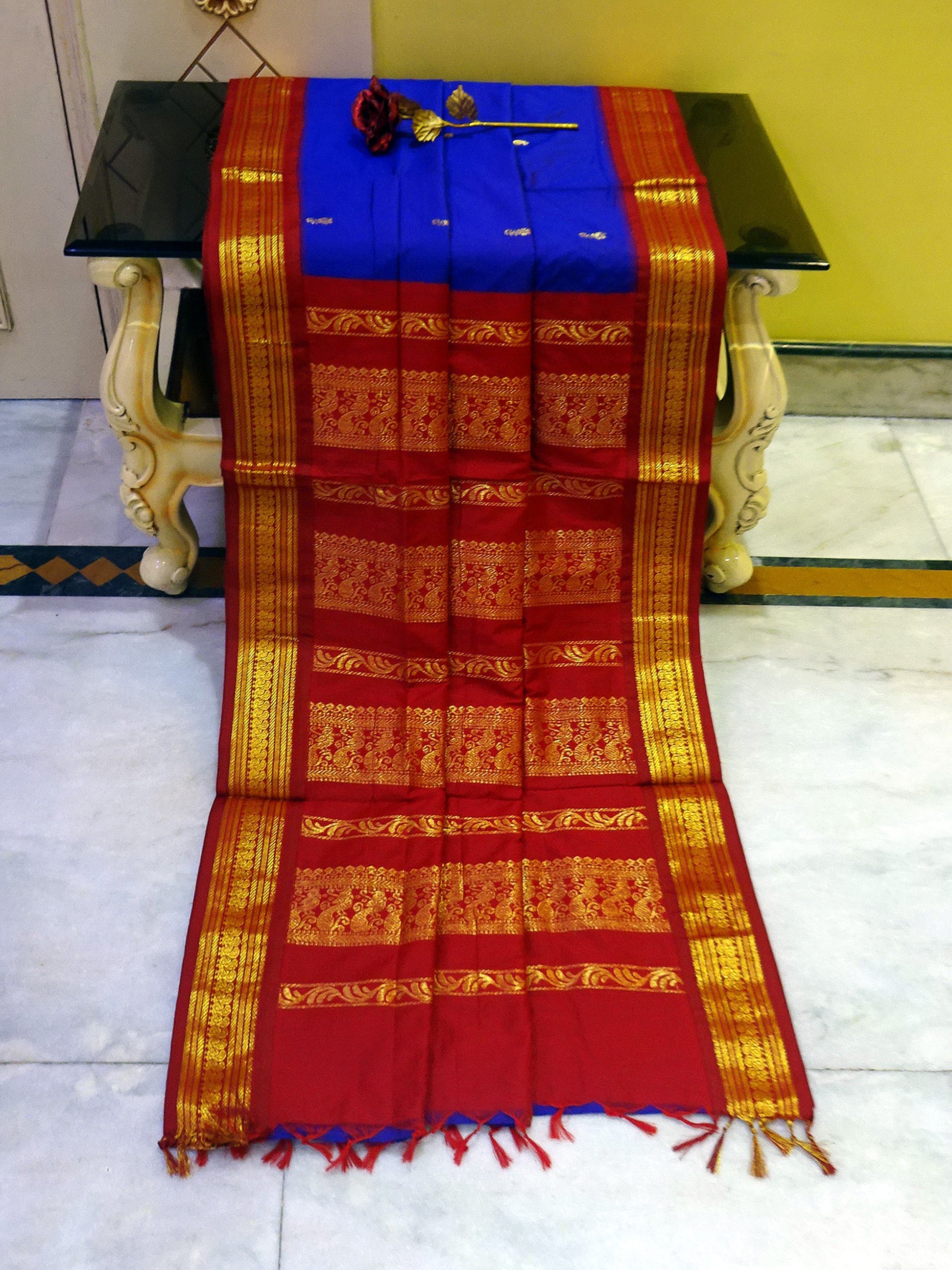 Banarasi Border Soft South Cotton Gadwal with Rich Pallu in Blue and Dark Red