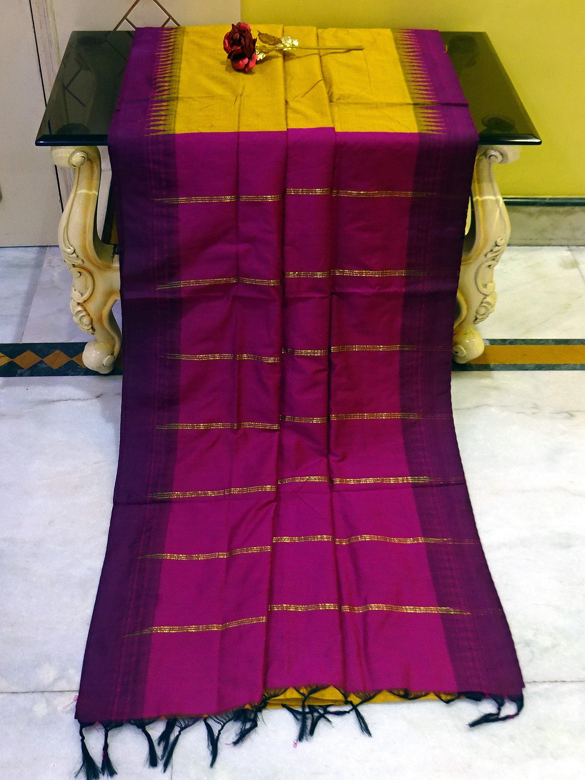 Soft South Cotton Temple Border Gadwal with Contrast Pallu in Mustard Yellow and Purple