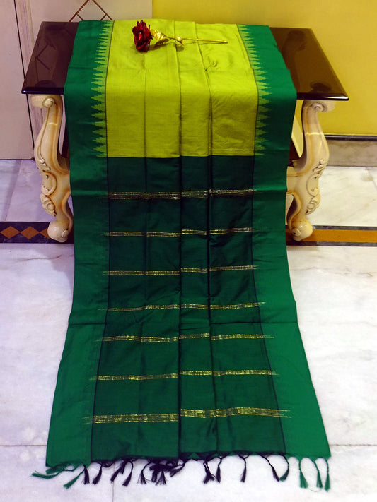 Soft South Cotton Temple Border Gadwal with Contrast Pallu in Lime Green and Pine Green