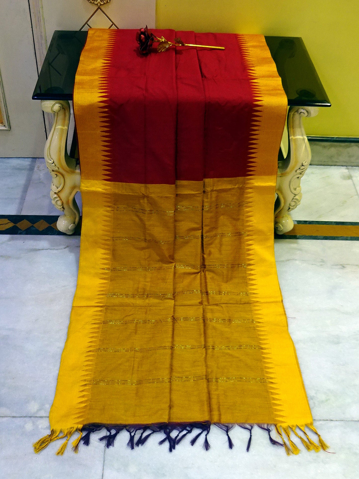 Soft South Cotton Temple Border Gadwal with Contrast Pallu in Maroon and Golden Yellow