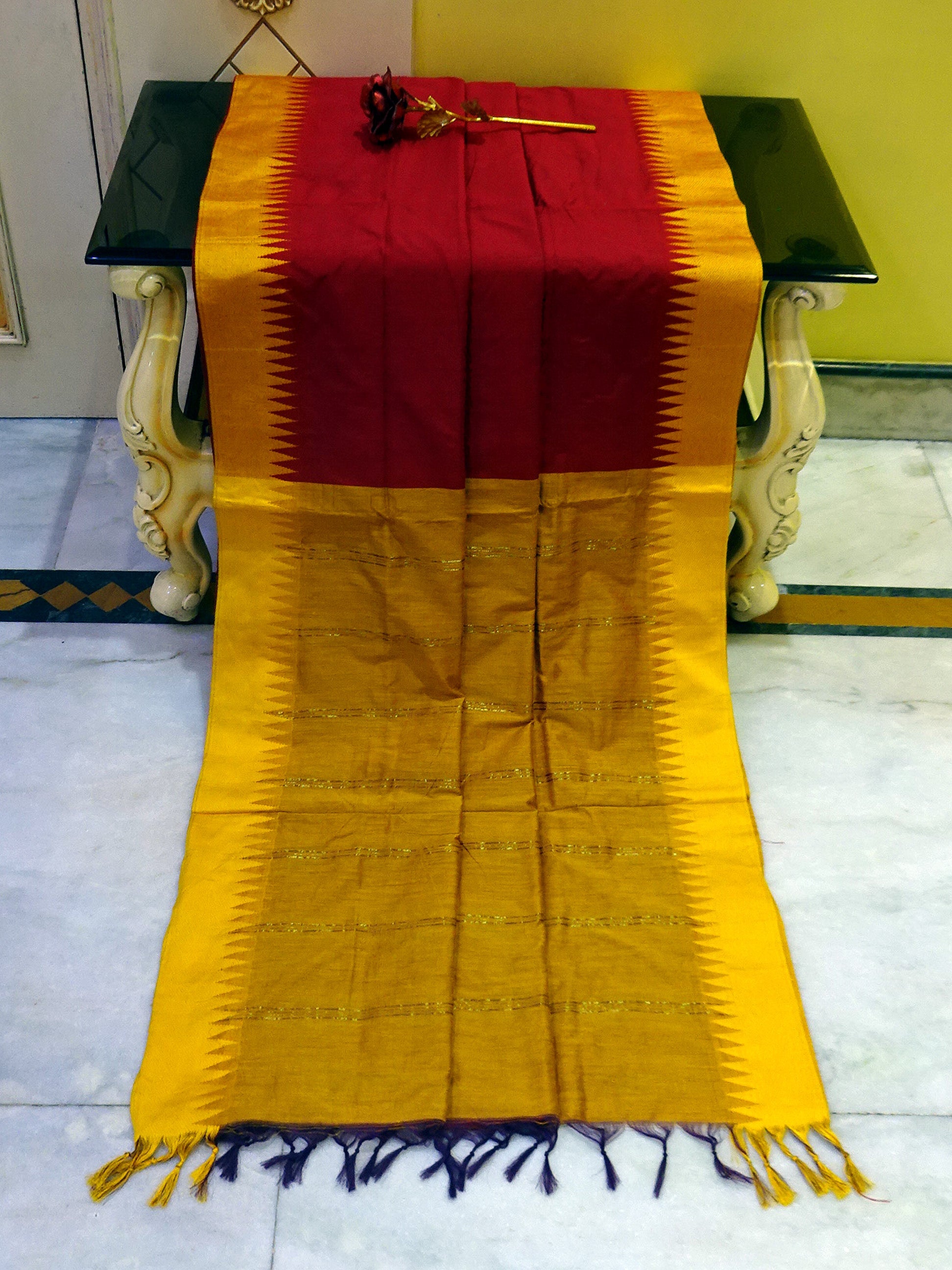 Soft South Cotton Temple Border Gadwal with Contrast Pallu in Maroon and Golden Yellow