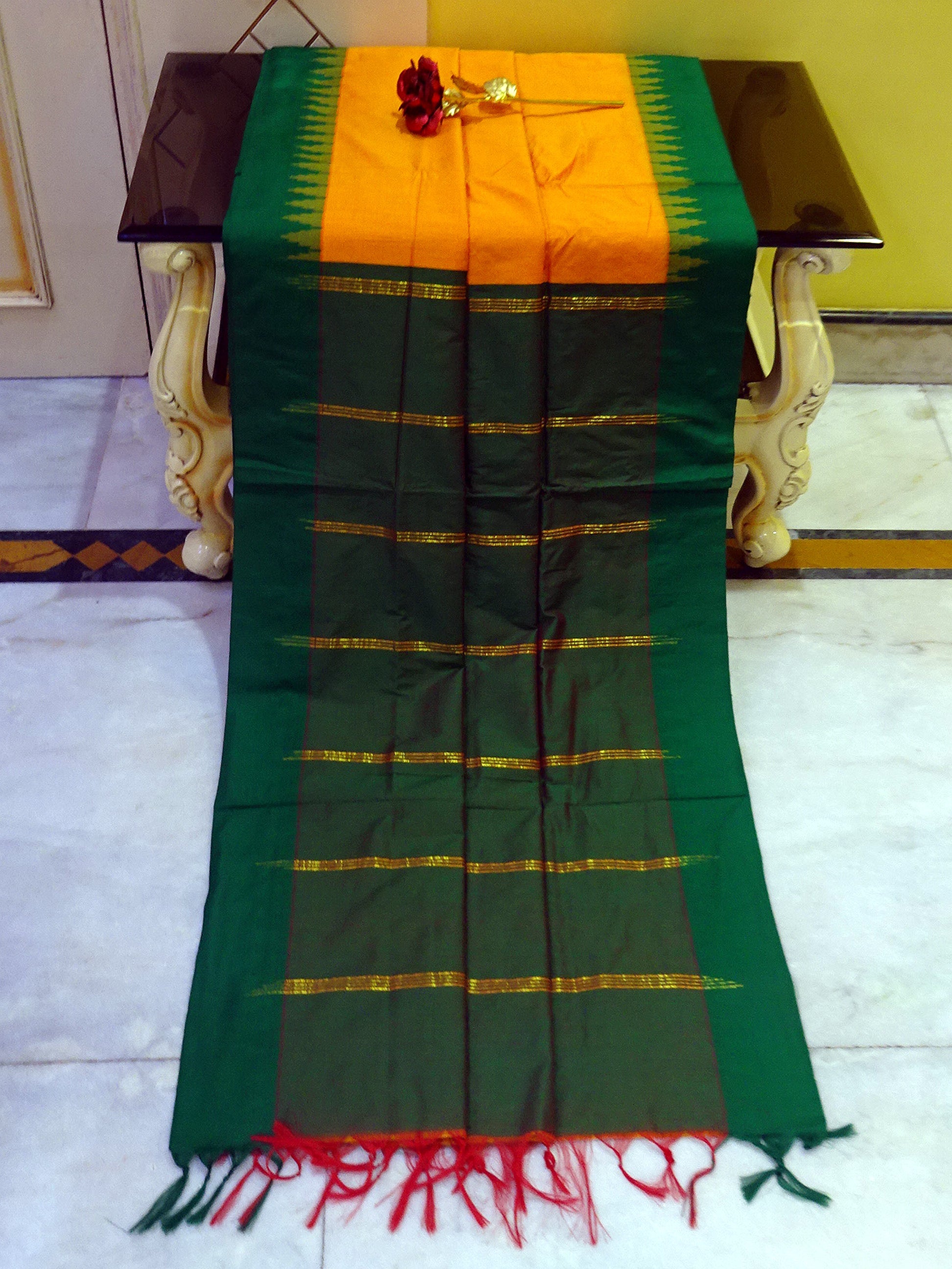 Soft South Cotton Temple Border Gadwal with Contrast Pallu in Sunset Yellow and Leaf Green