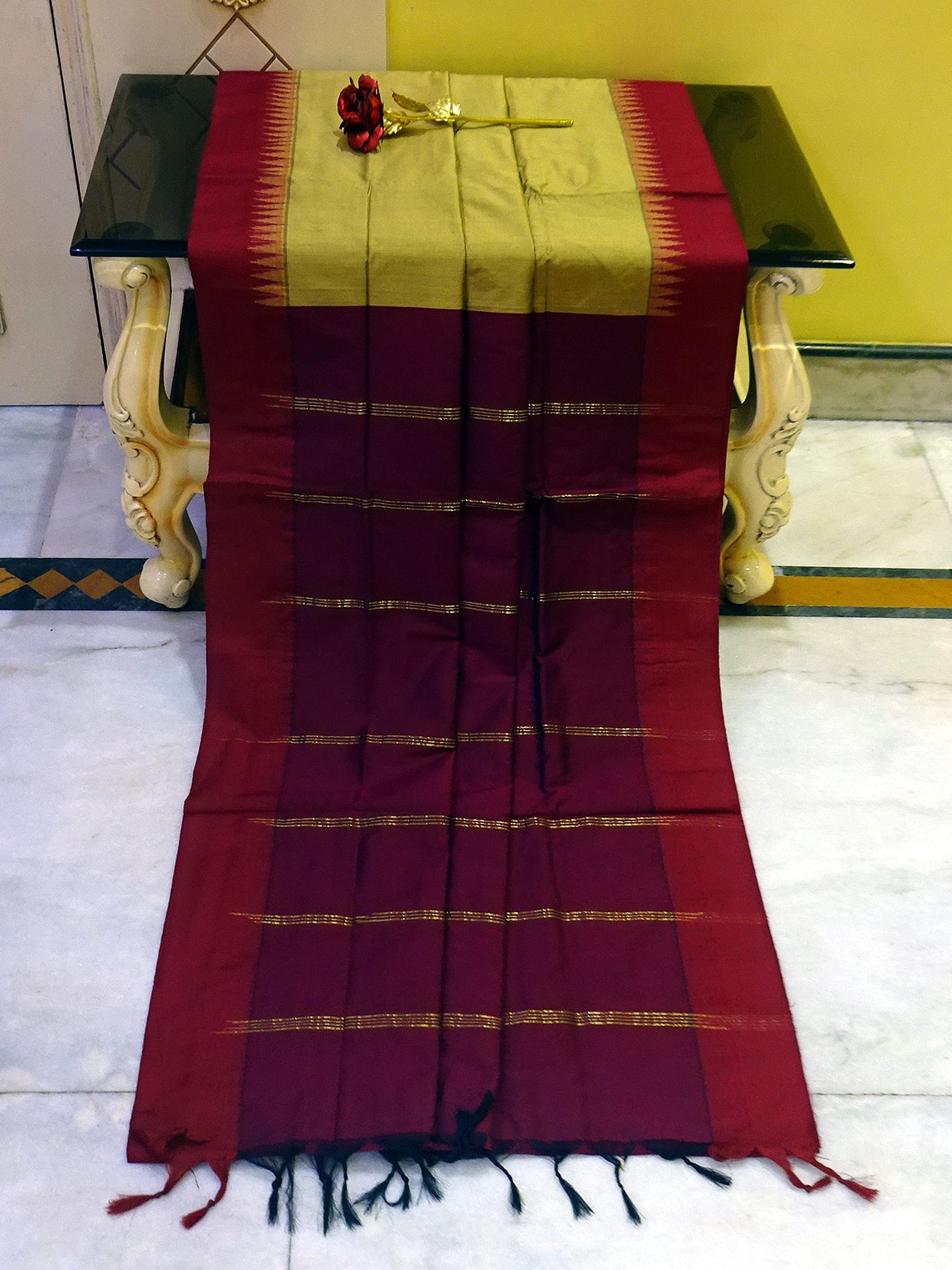 Soft South Cotton Temple Border Gadwal with Contrast Pallu in Biscotti and Maroon