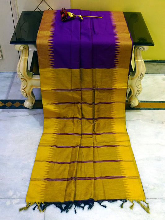 Soft South Cotton Temple Border Gadwal with Contrast Pallu in Purple and Yellow