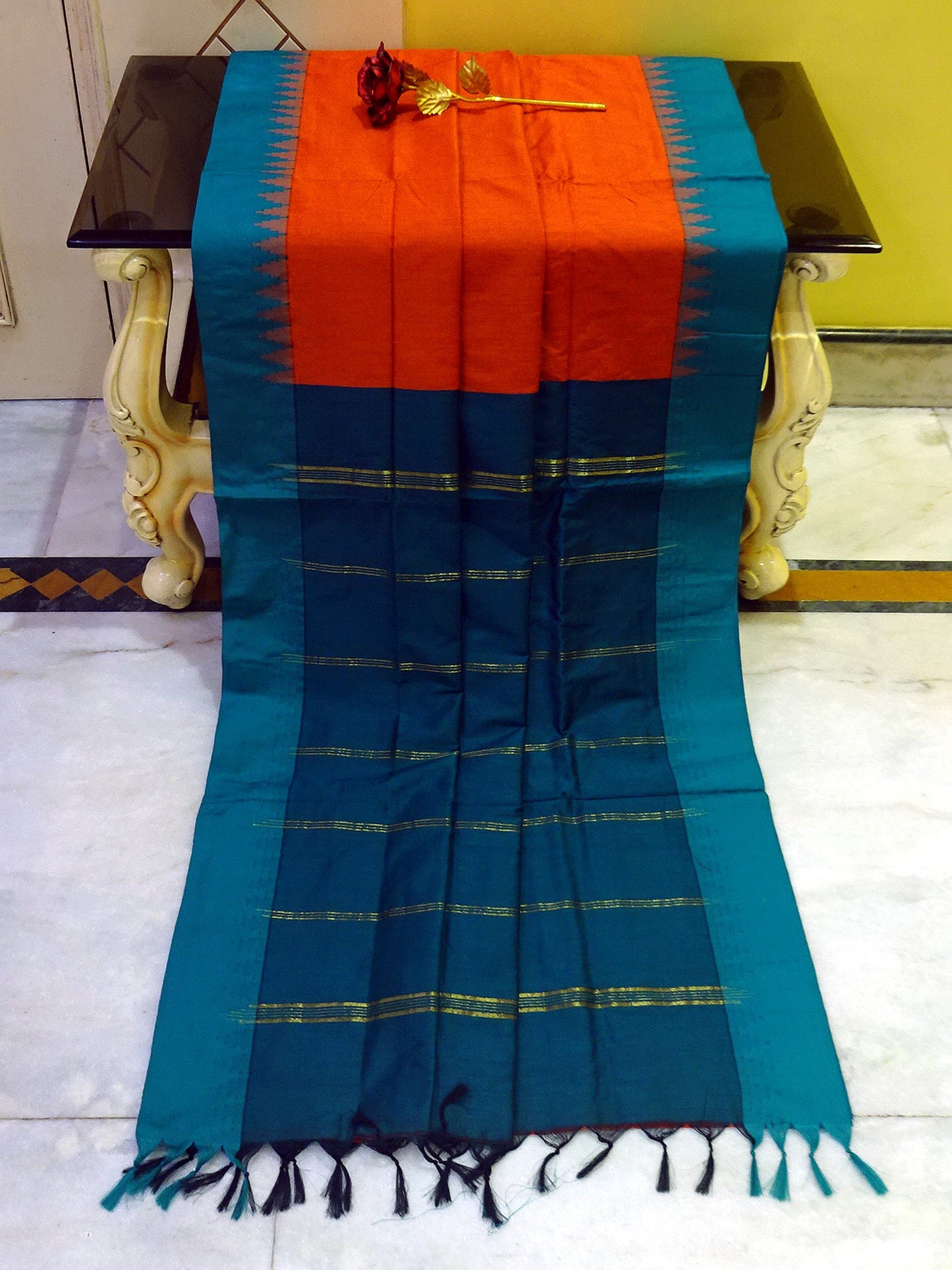 Soft South Cotton Temple Border Gadwal with Contrast Pallu in Orange and Teal