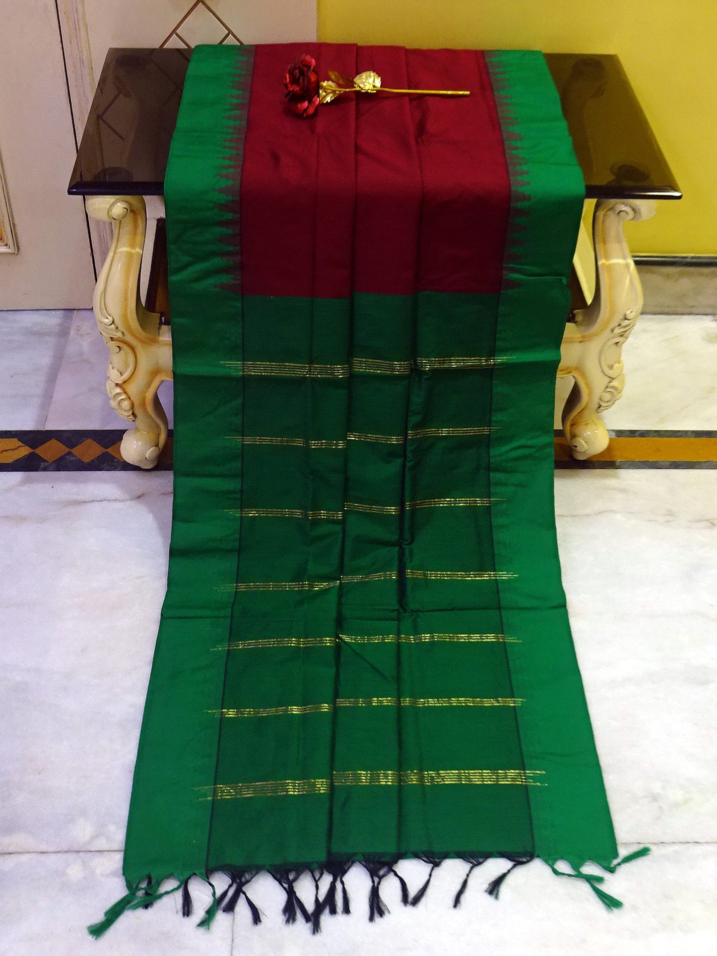 Soft South Cotton Temple Border Gadwal with Contrast Pallu in Maroon and Green