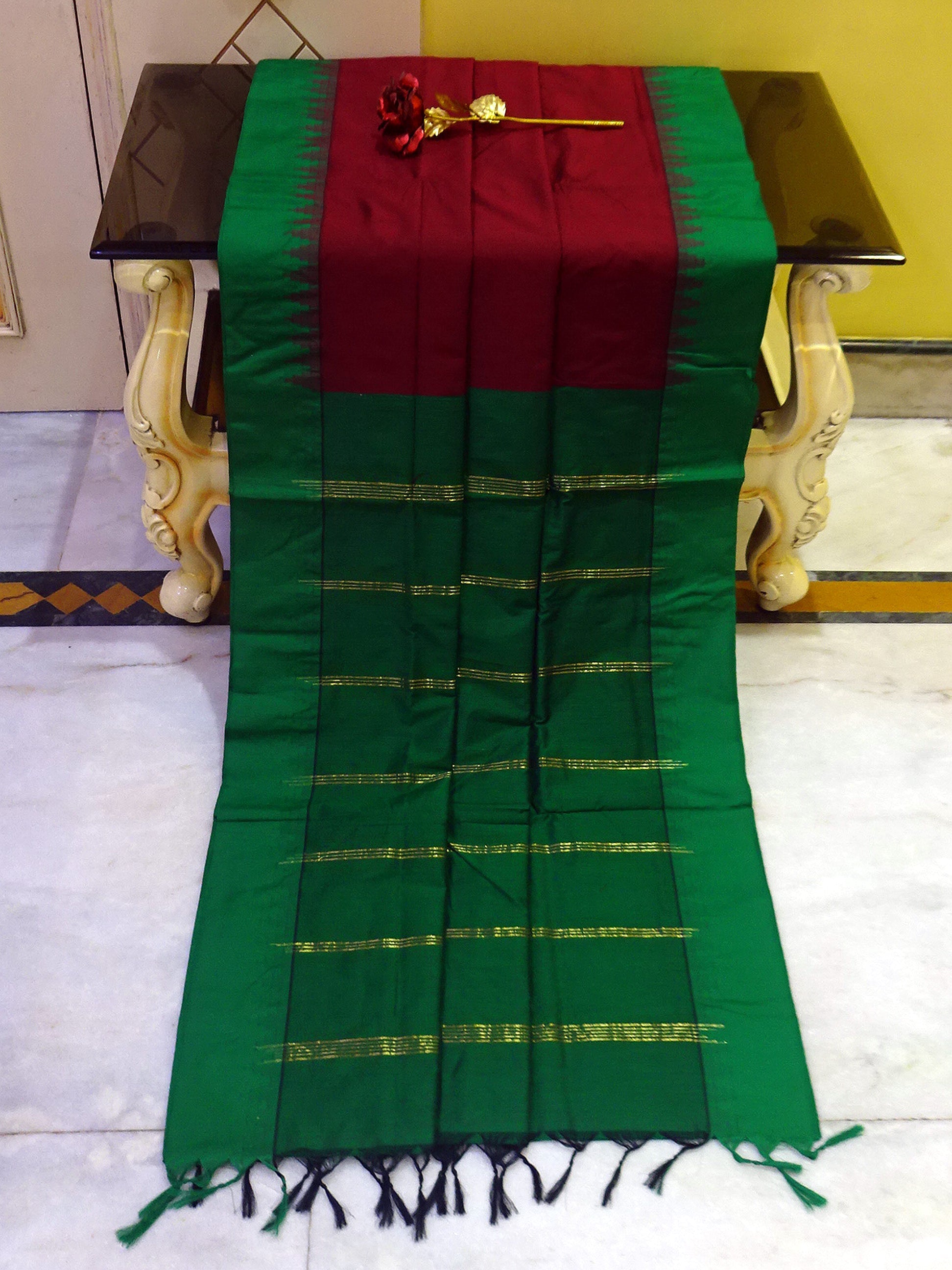 Soft South Cotton Temple Border Gadwal with Contrast Pallu in Maroon and Green