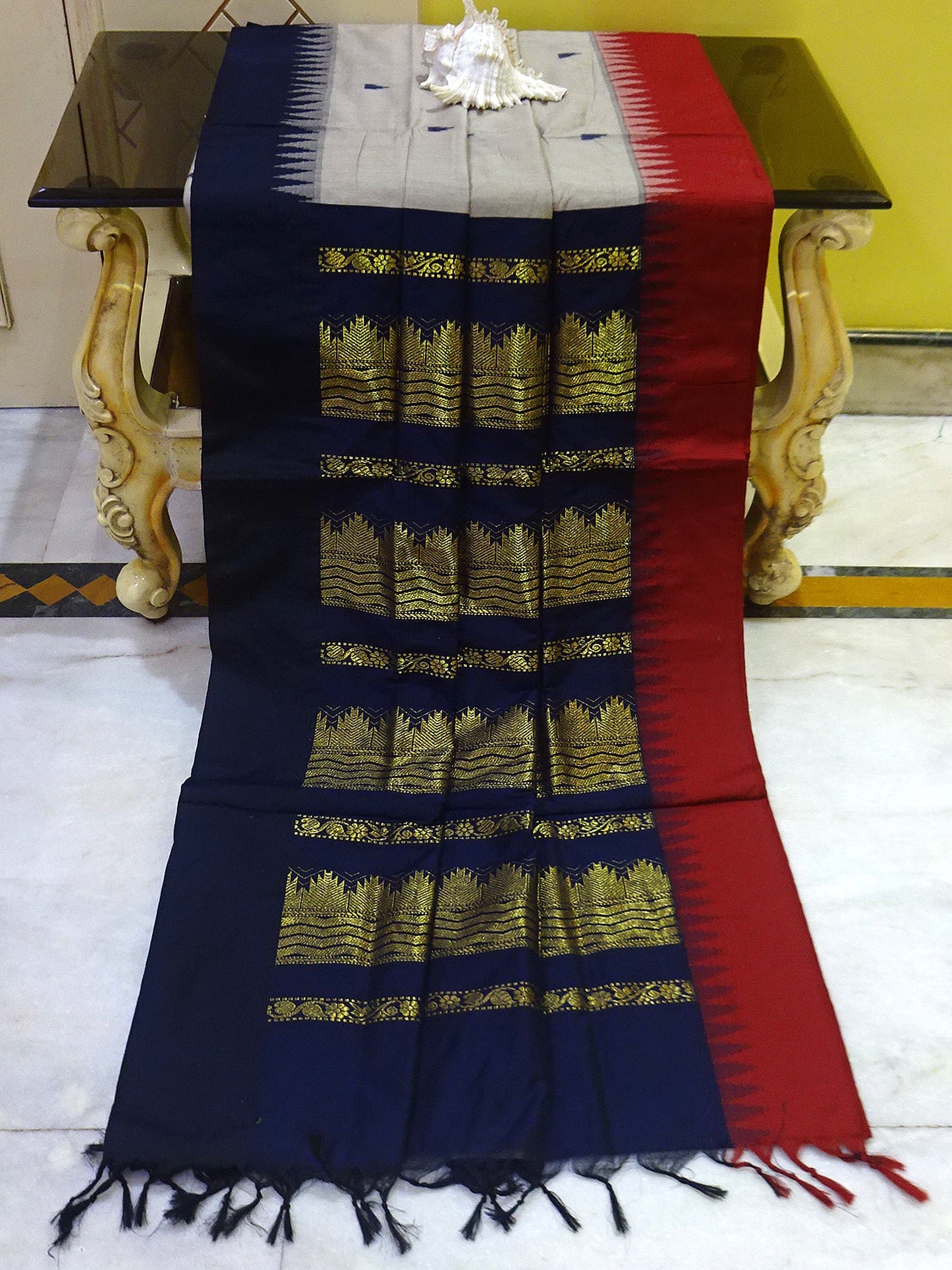 South Cotton Temple Border Gadwal with Rich Pallu in Grey, Midnight Blue and Maroon