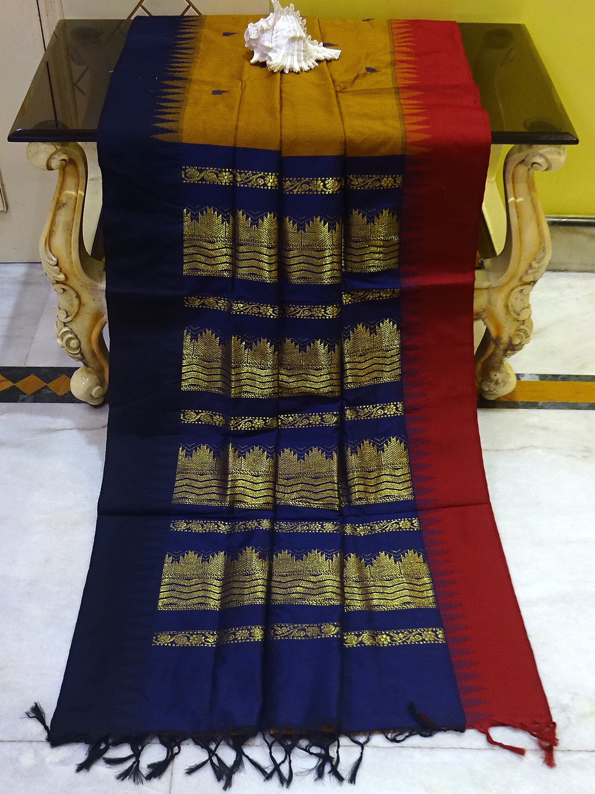 South Cotton Temple Border Gadwal with Rich Pallu in Mustard, Midnight Blue and Maroon