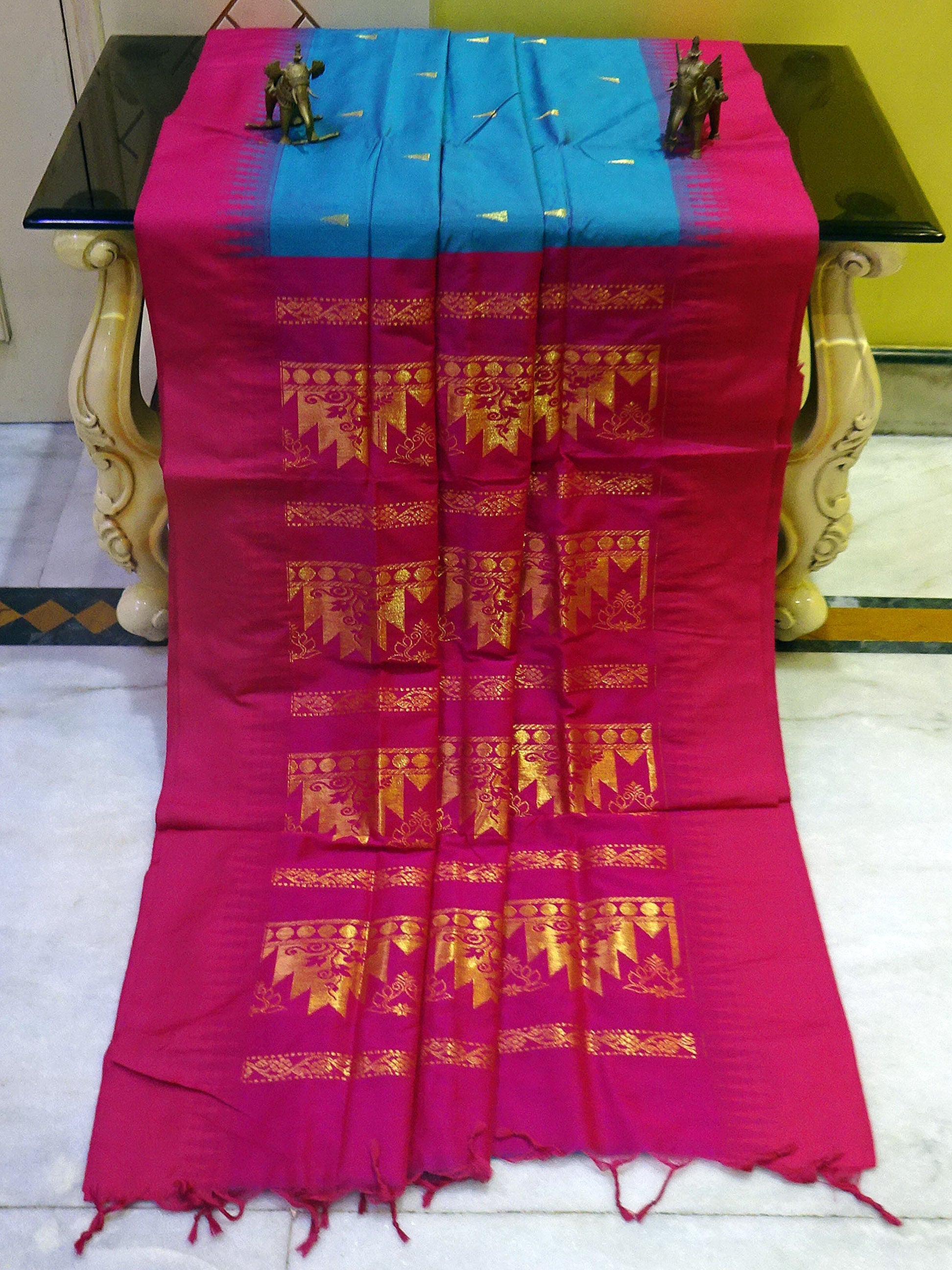 Soft South Cotton Temple Border Gadwal with Rich Pallu in Azure Blue and Pink