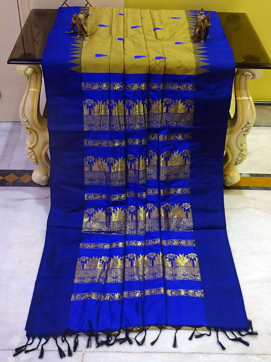 Soft South Cotton Temple Border Gadwal with Rich Pallu in Dark Khaki and Deep Blue