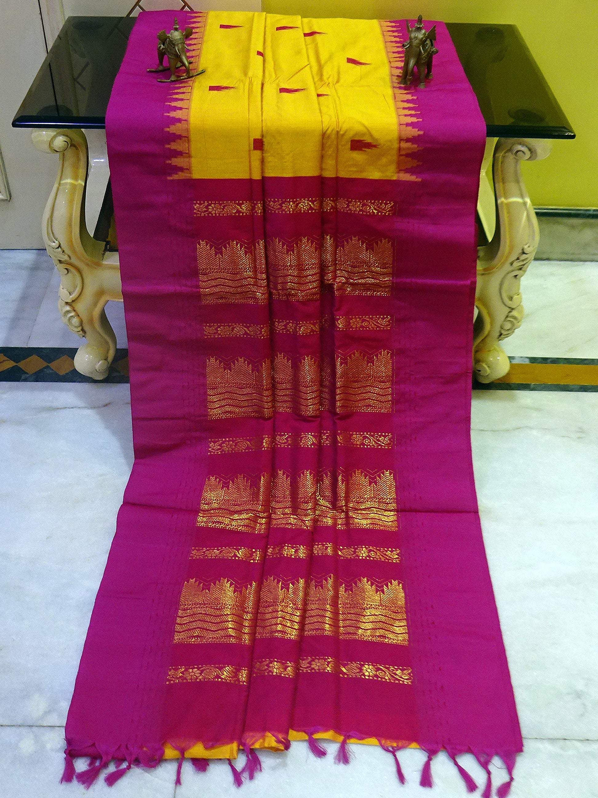 Soft South Cotton Temple Border Gadwal with Rich Pallu in Yellow and Purple