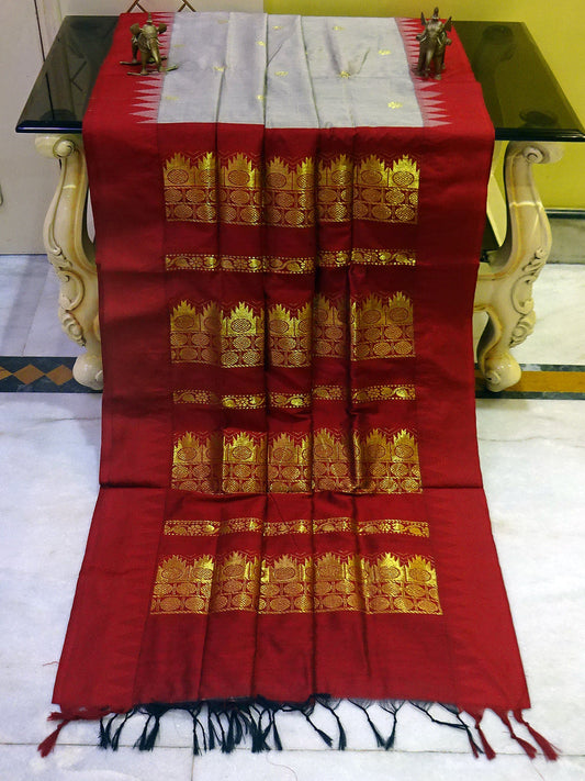 Soft South Cotton Temple Border Gadwal with Rich Pallu in Grey and Maroon