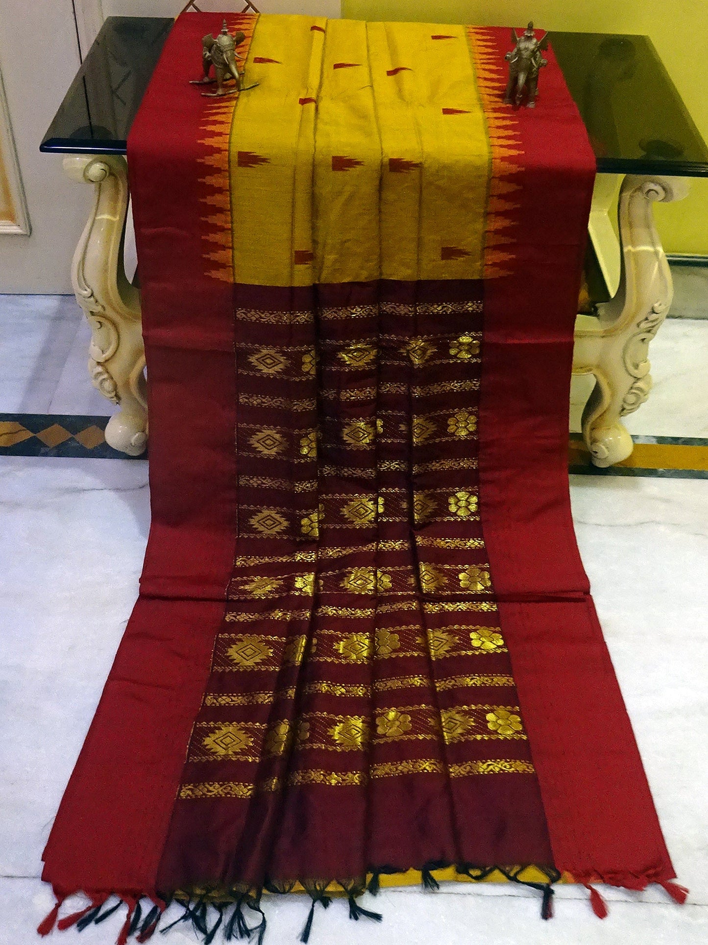 Soft South Cotton Temple Border Gadwal with Rich Pallu in Mustard and Maroon