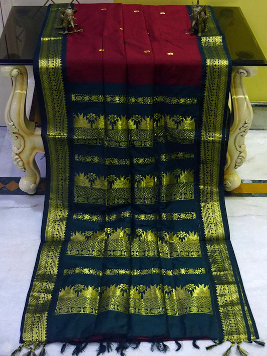 Banarasi Border Soft South Cotton Gadwal with Rich Pallu in Maroon and Sacramento Green