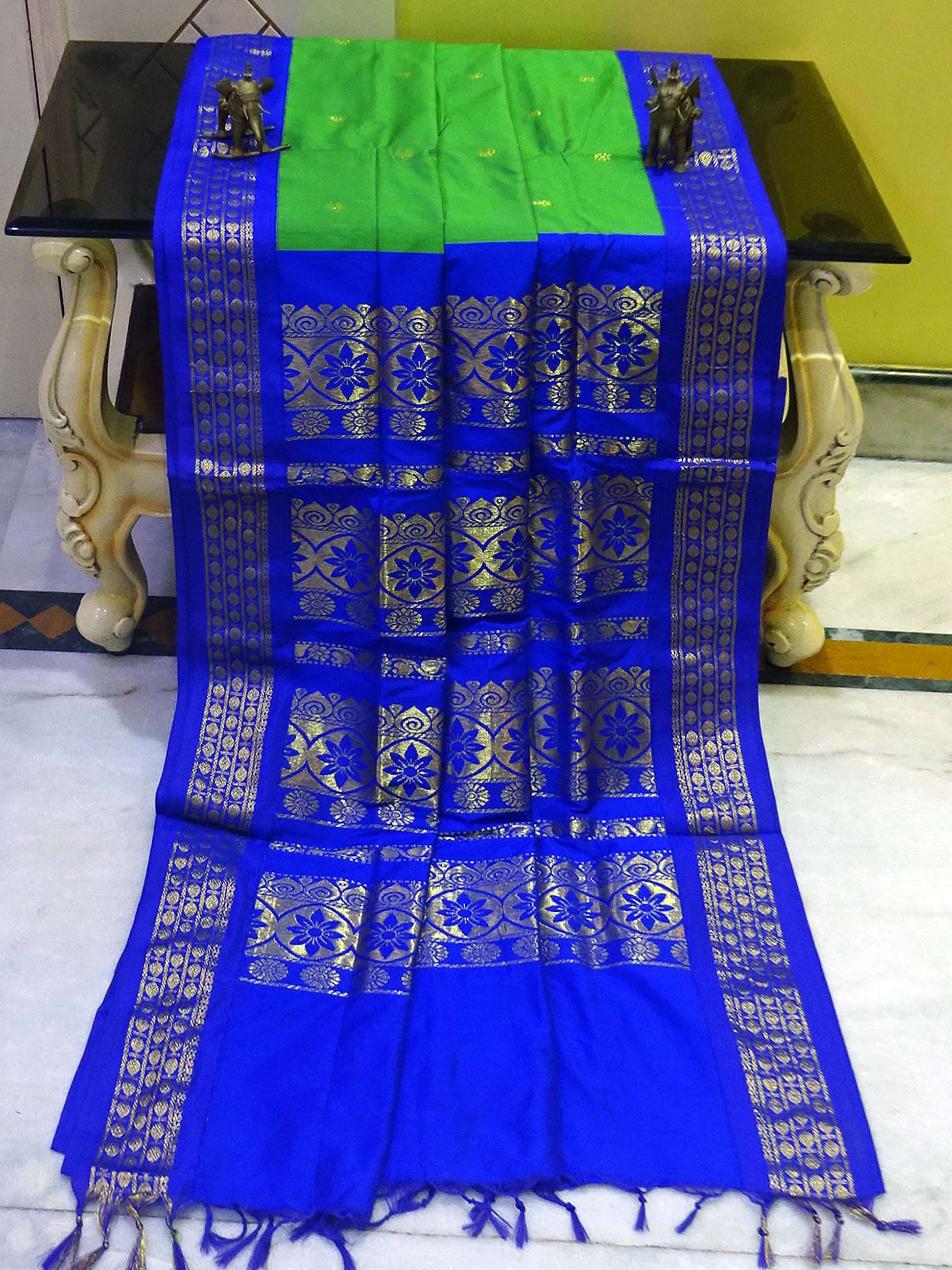 Banarasi Border Soft South Cotton Gadwal with Rich Pallu in Green and Blue