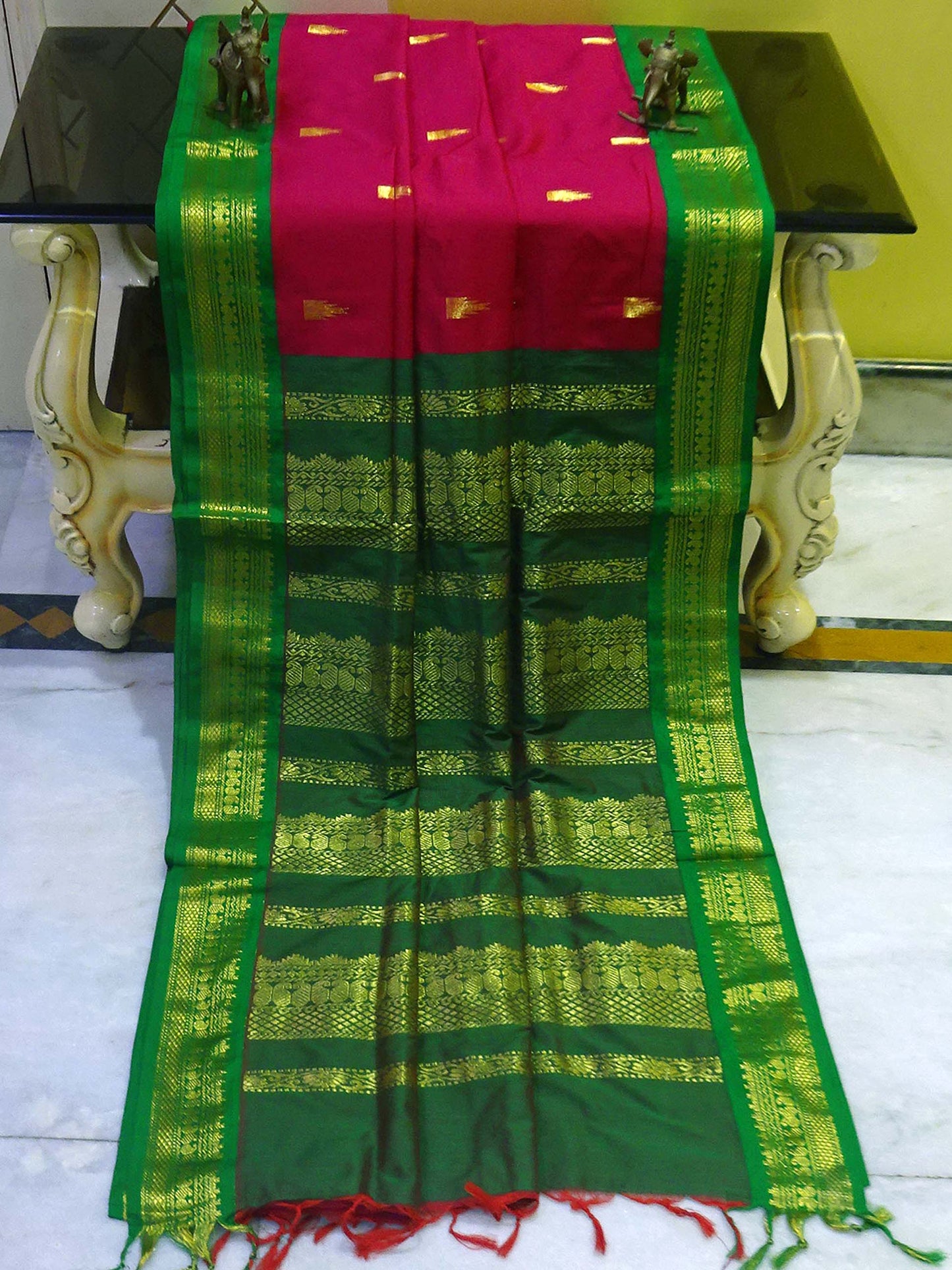 Banarasi Border Soft South Cotton Gadwal with Rich Pallu in Hot Pink and Green