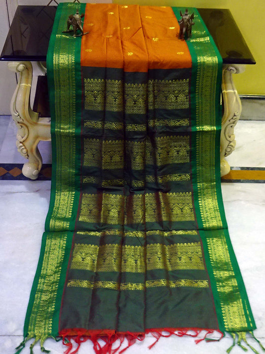 Banarasi Border Soft South Cotton Gadwal with Rich Pallu in Mustard Golden and Green