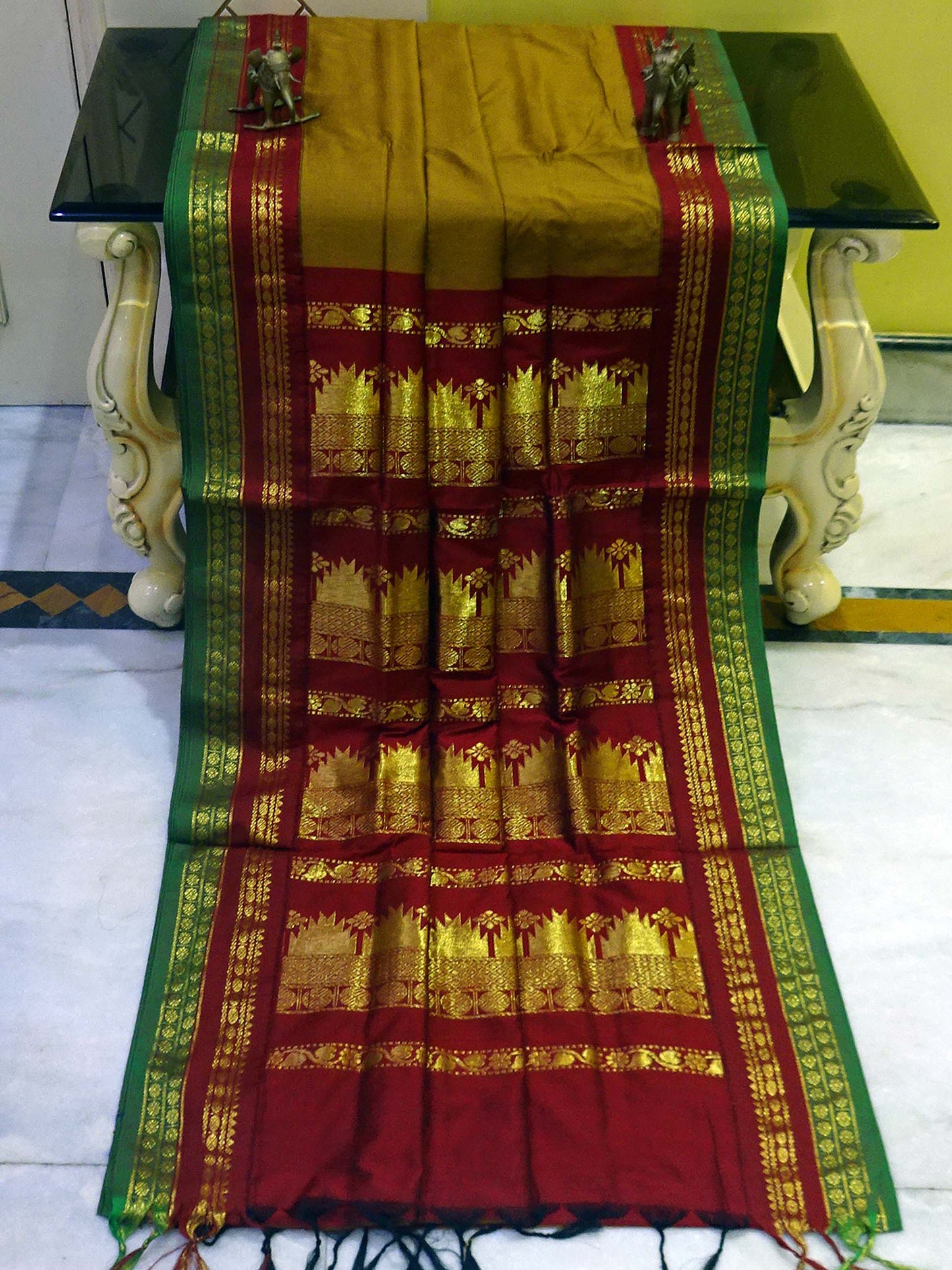 Banarasi Border Soft South Cotton Gadwal with Rich Pallu in Biscotti, Maroon and Green