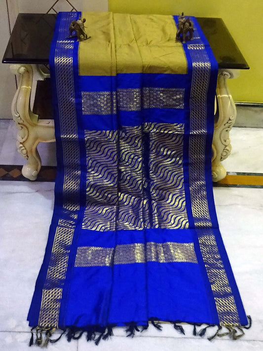 Banarasi Border Soft South Cotton Gadwal with Rich Pallu in Mehndi Green and Royal Blue