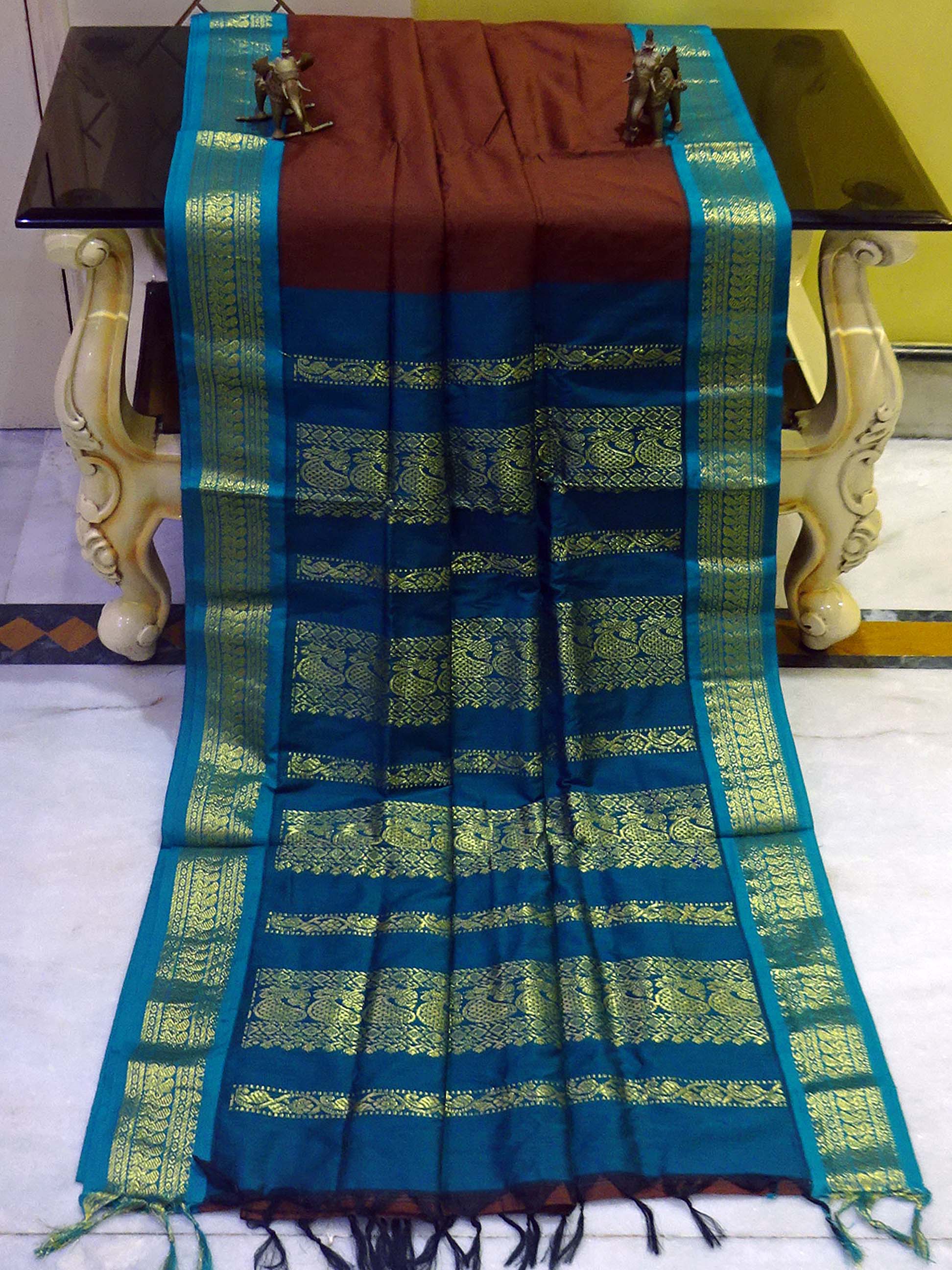 Banarasi Border Soft South Cotton Gadwal with Rich Pallu in Brown and Deep Sea Green