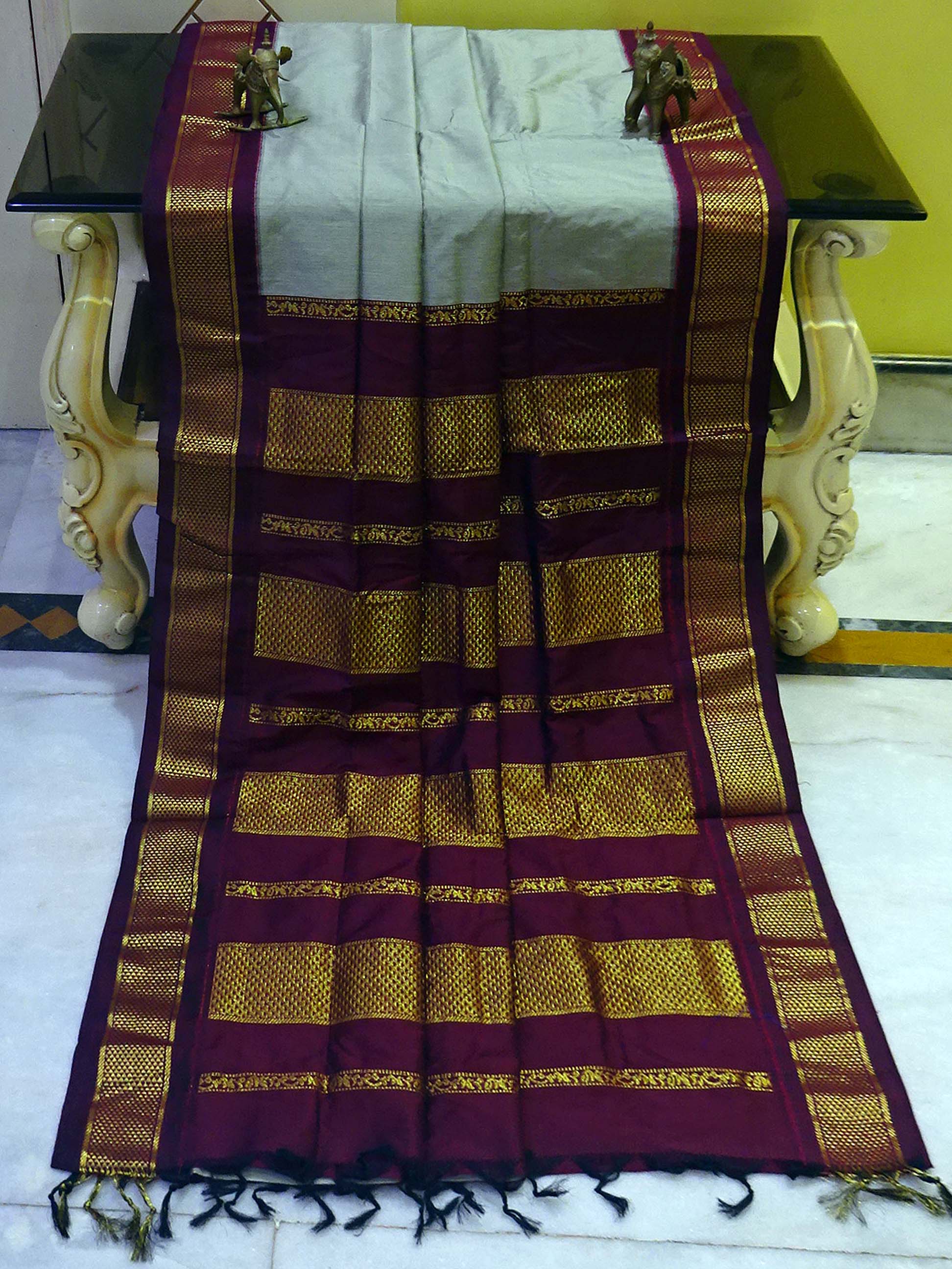 Banarasi Border Soft South Cotton Gadwal with Rich Pallu in Cloud Grey and Wine