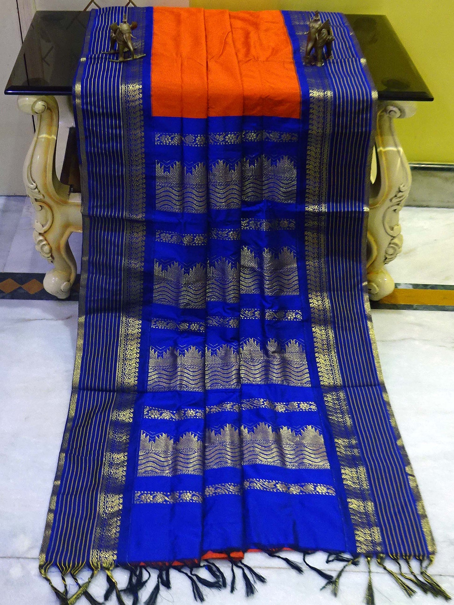 Banarasi Border Soft South Cotton Gadwal with Rich Pallu in Orange and Blue