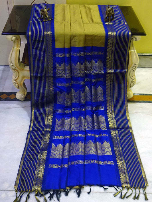 Banarasi Border Soft South Cotton Gadwal with Rich Pallu in Mehndi and Dark Blue