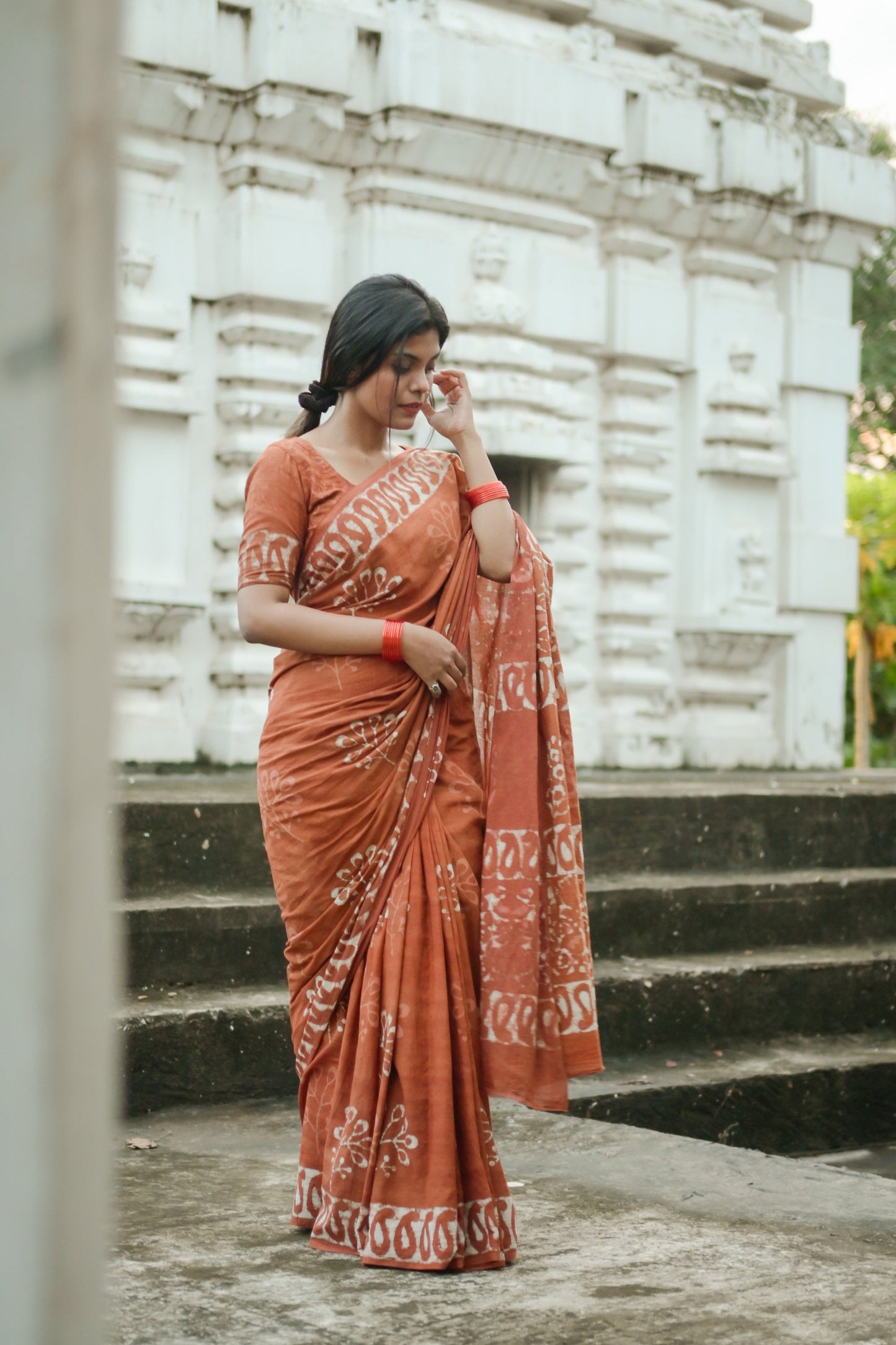 Petrichor Monsoon - Cotton Mulmul - Orange Batik Handcrafted Saree