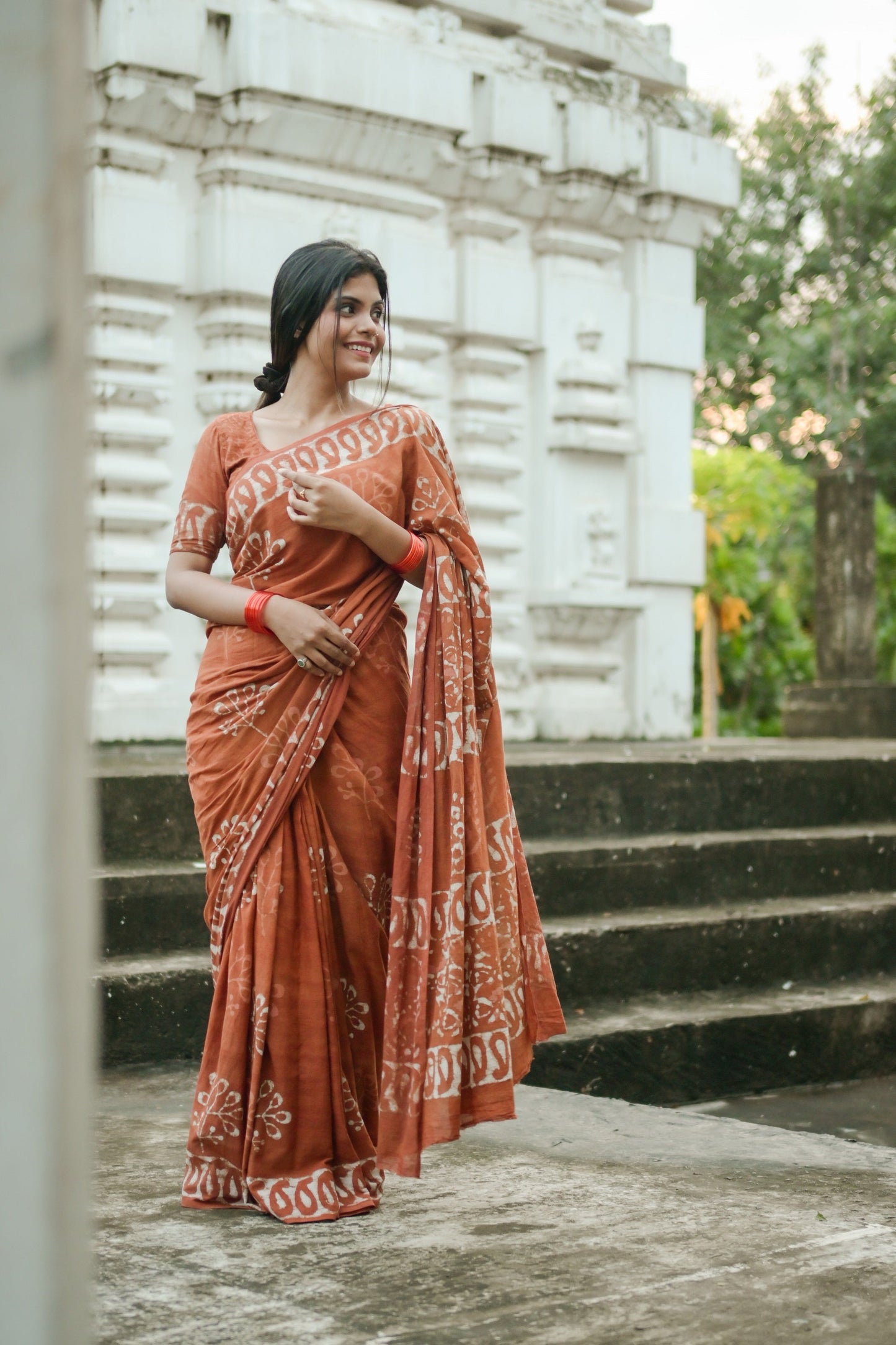 Petrichor Monsoon - Cotton Mulmul - Orange Batik Handcrafted Saree