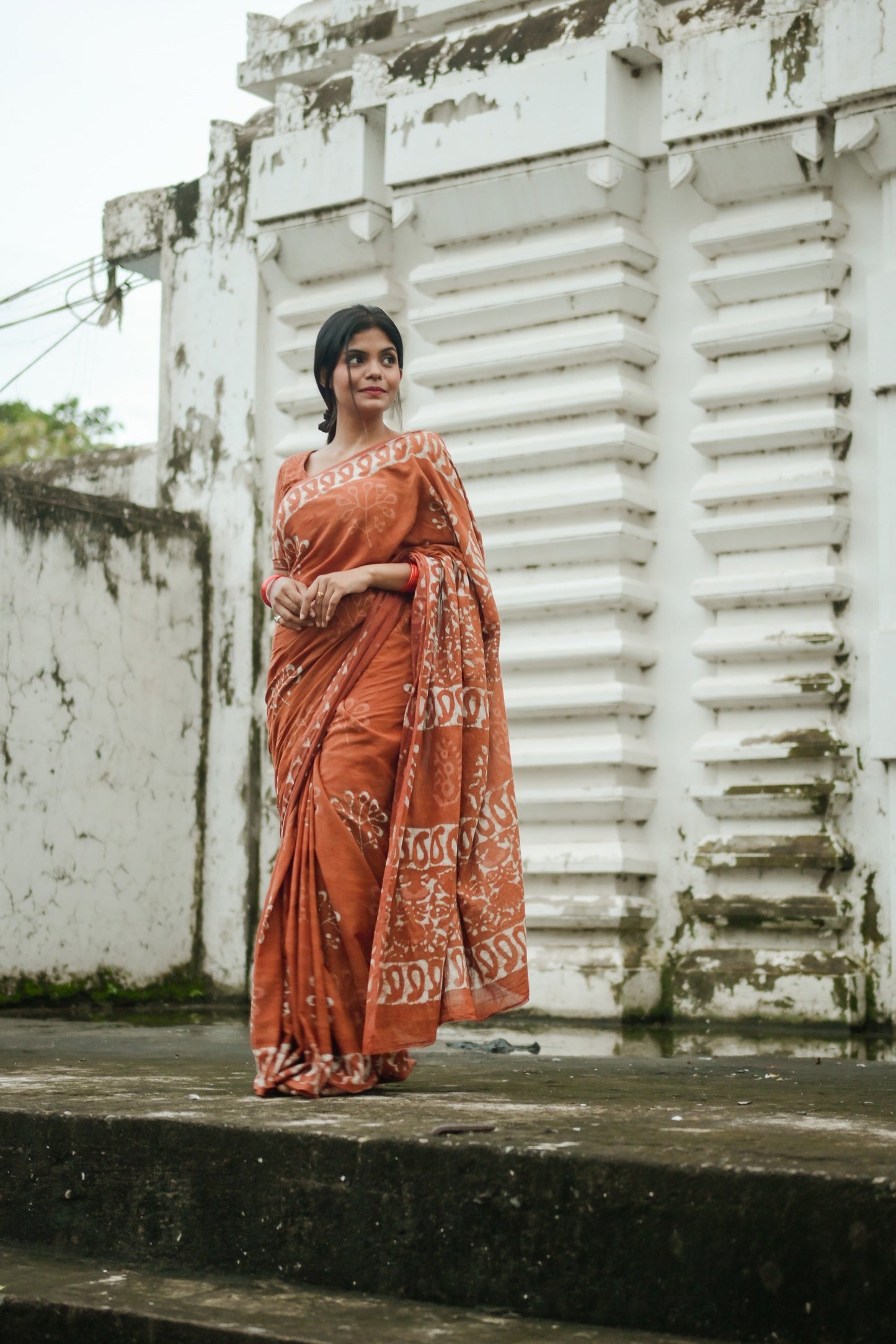 Petrichor Monsoon - Cotton Mulmul - Orange Batik Handcrafted Saree