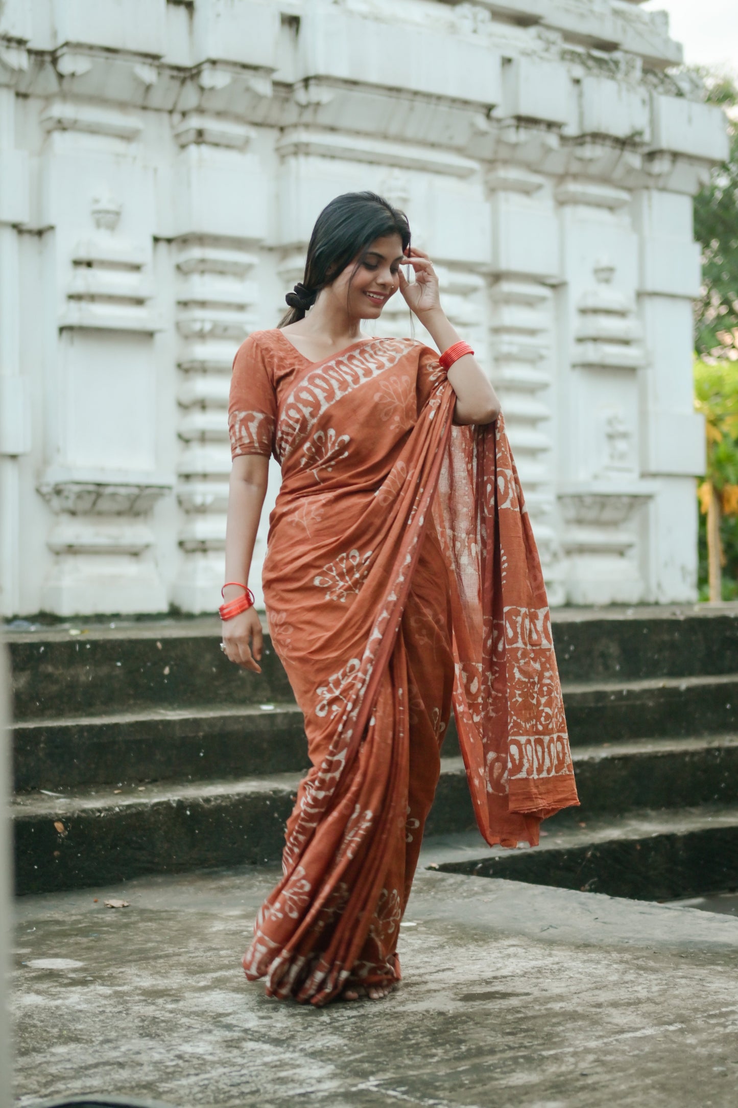 Petrichor Monsoon - Cotton Mulmul - Orange Batik Handcrafted Saree