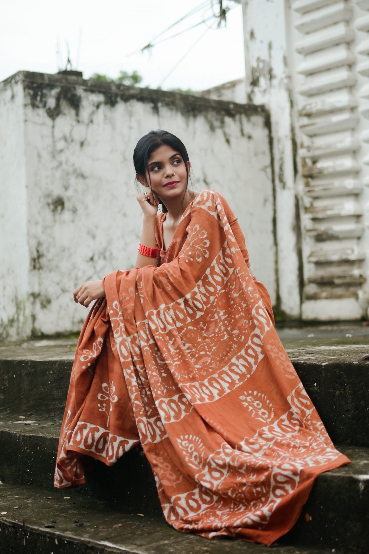 Petrichor Monsoon - Cotton Mulmul - Orange Batik Handcrafted Saree