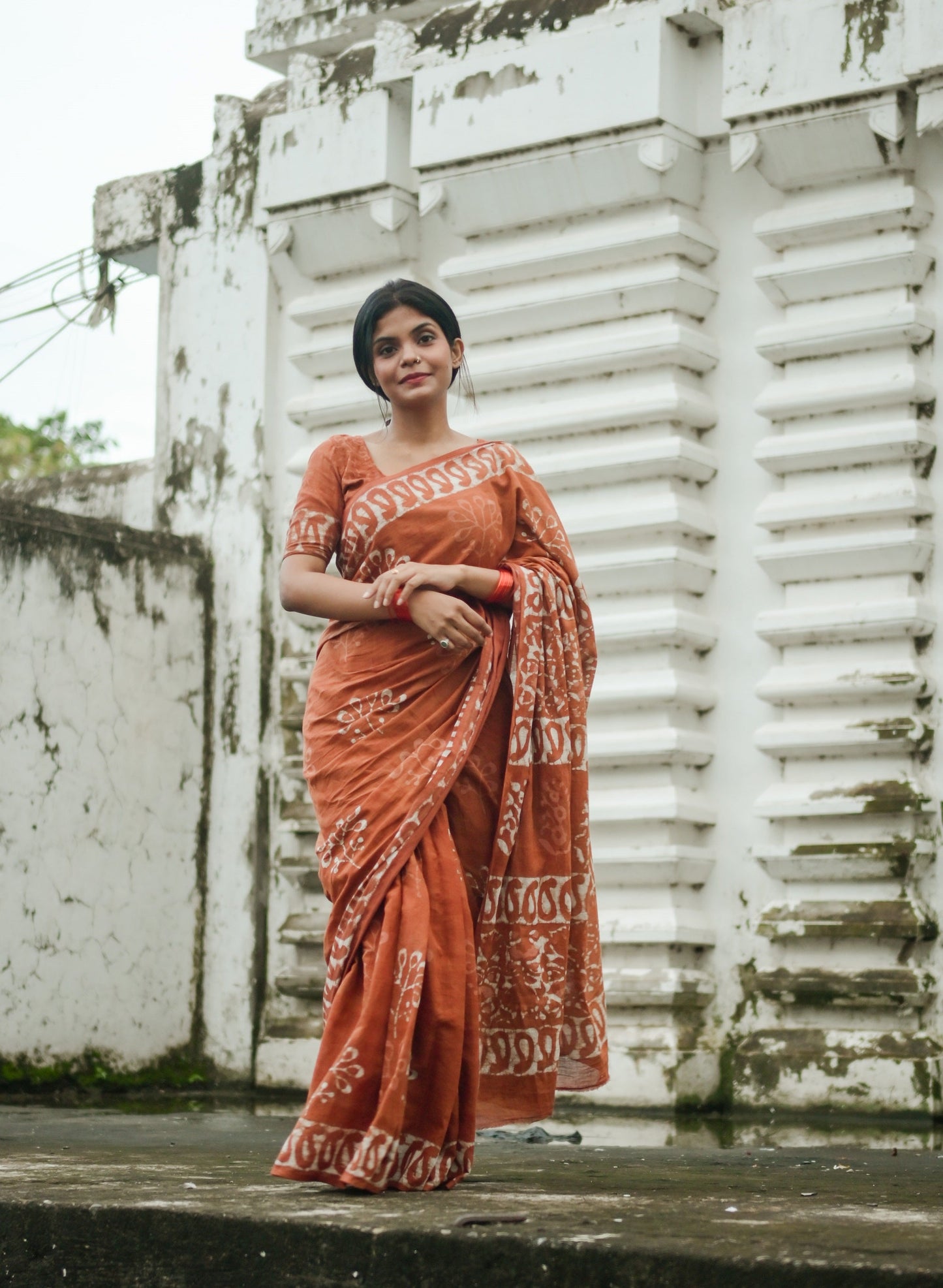 Petrichor Monsoon - Cotton Mulmul - Orange Batik Handcrafted Saree