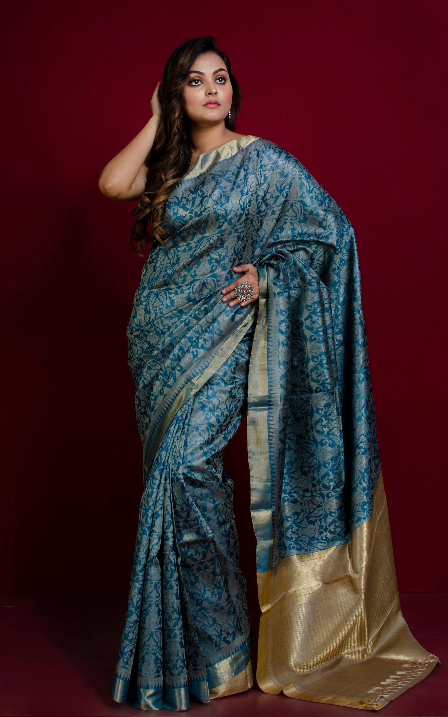 Premium Quality Tussar Silk Tanchui Brocade Saree in Slate Grey and Muted Golden