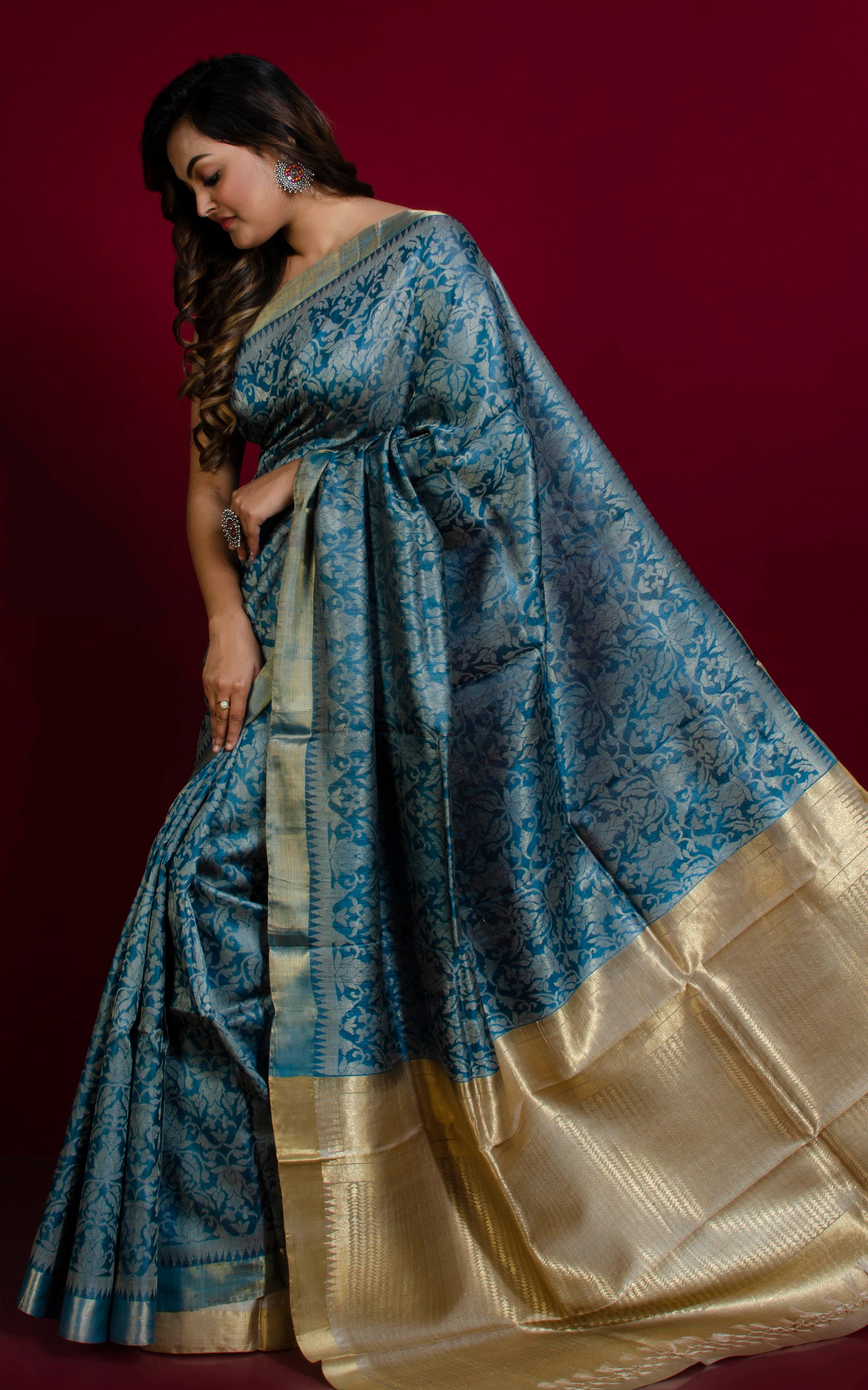 Premium Quality Tussar Silk Tanchui Brocade Saree in Slate Grey and Muted Golden