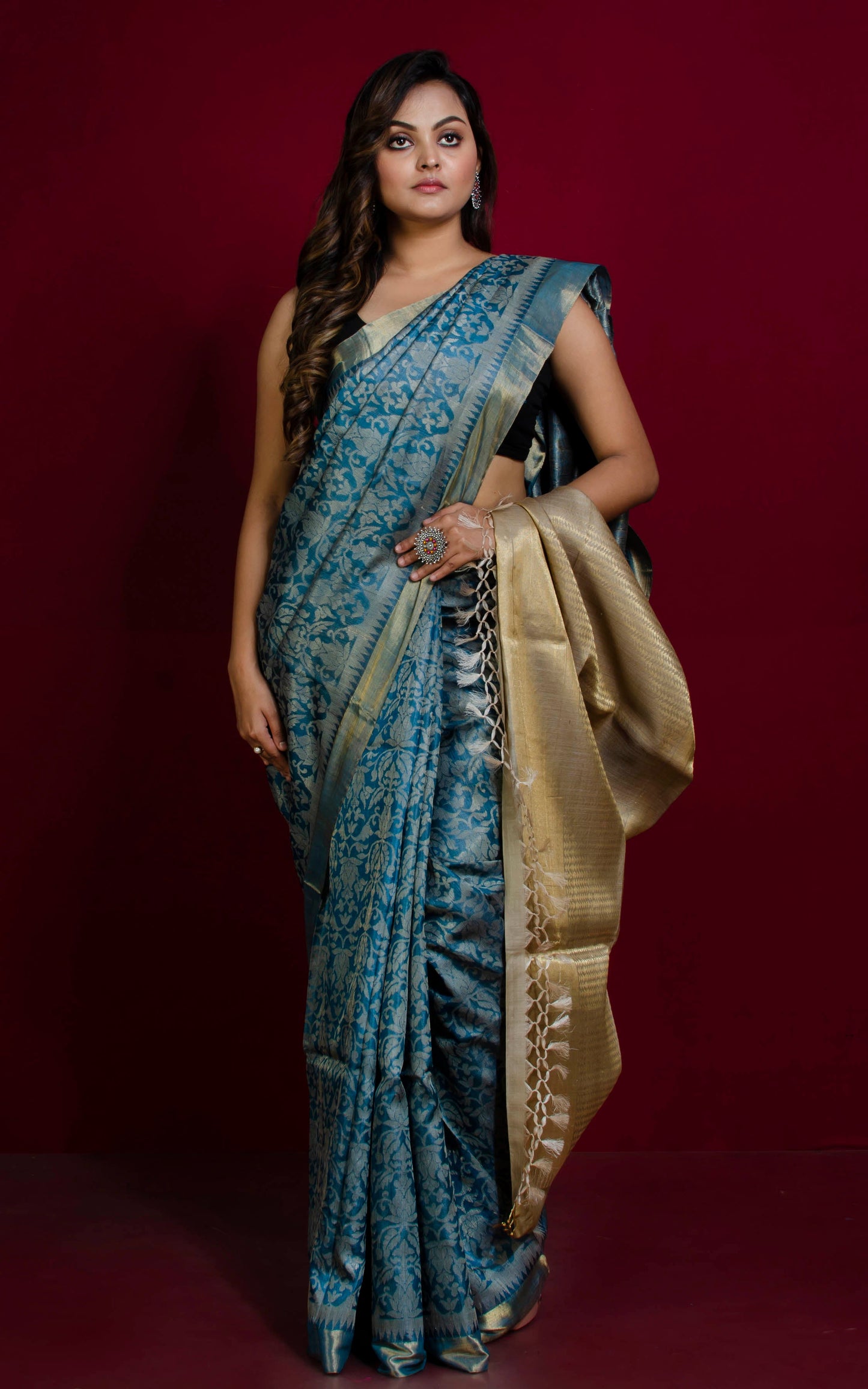 Premium Quality Tussar Silk Tanchui Brocade Saree in Slate Grey and Muted Golden