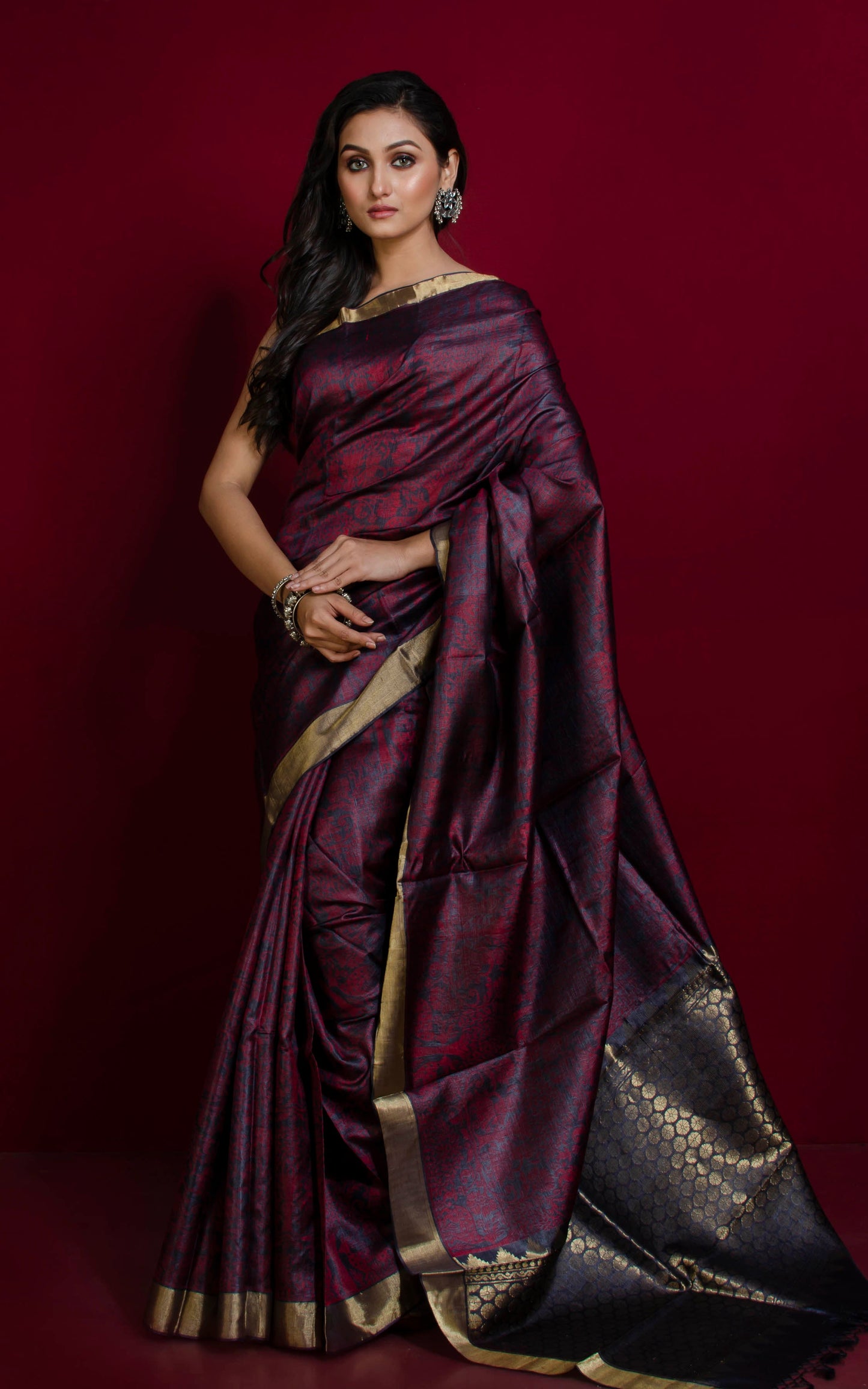 Premium Quality Tussar Silk Tanchui Brocade Saree in Charcoal Grey, Dark Red and Muted Golden