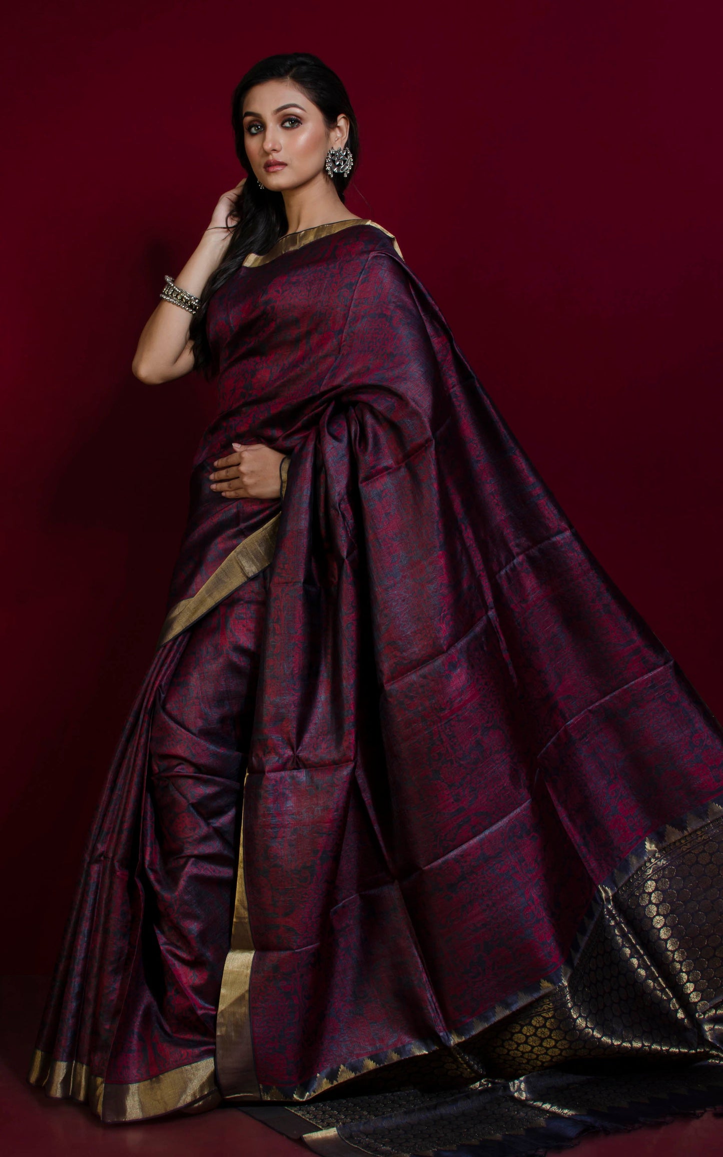 Premium Quality Tussar Silk Tanchui Brocade Saree in Charcoal Grey, Dark Red and Muted Golden