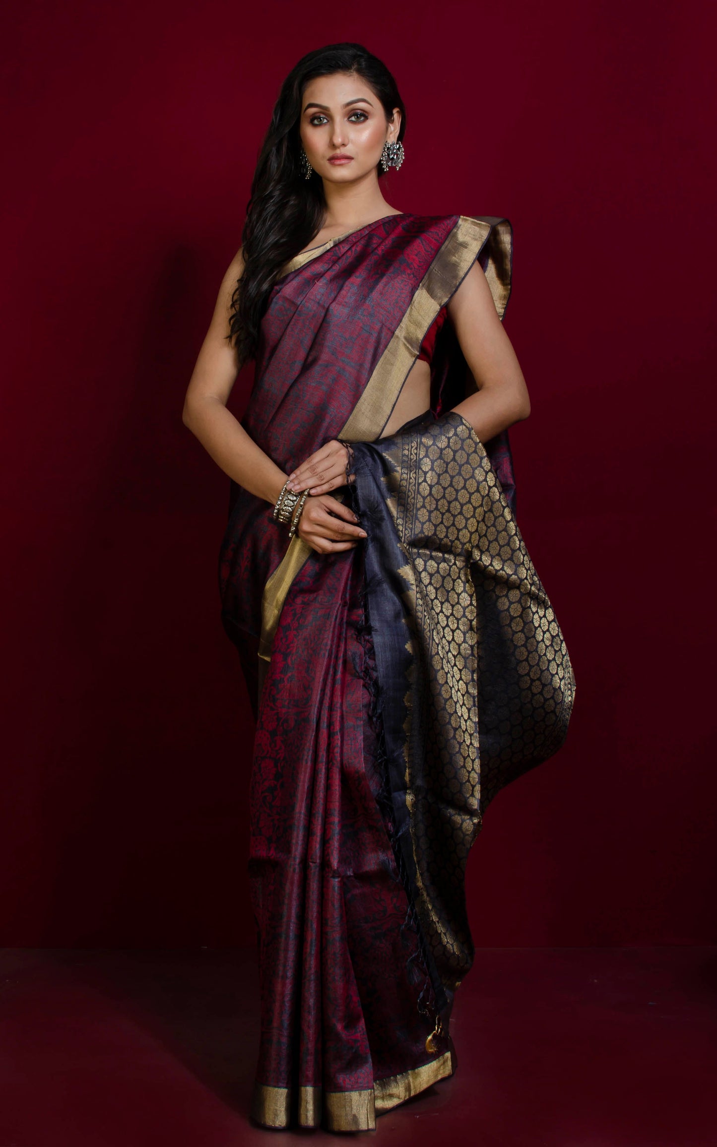 Premium Quality Tussar Silk Tanchui Brocade Saree in Charcoal Grey, Dark Red and Muted Golden