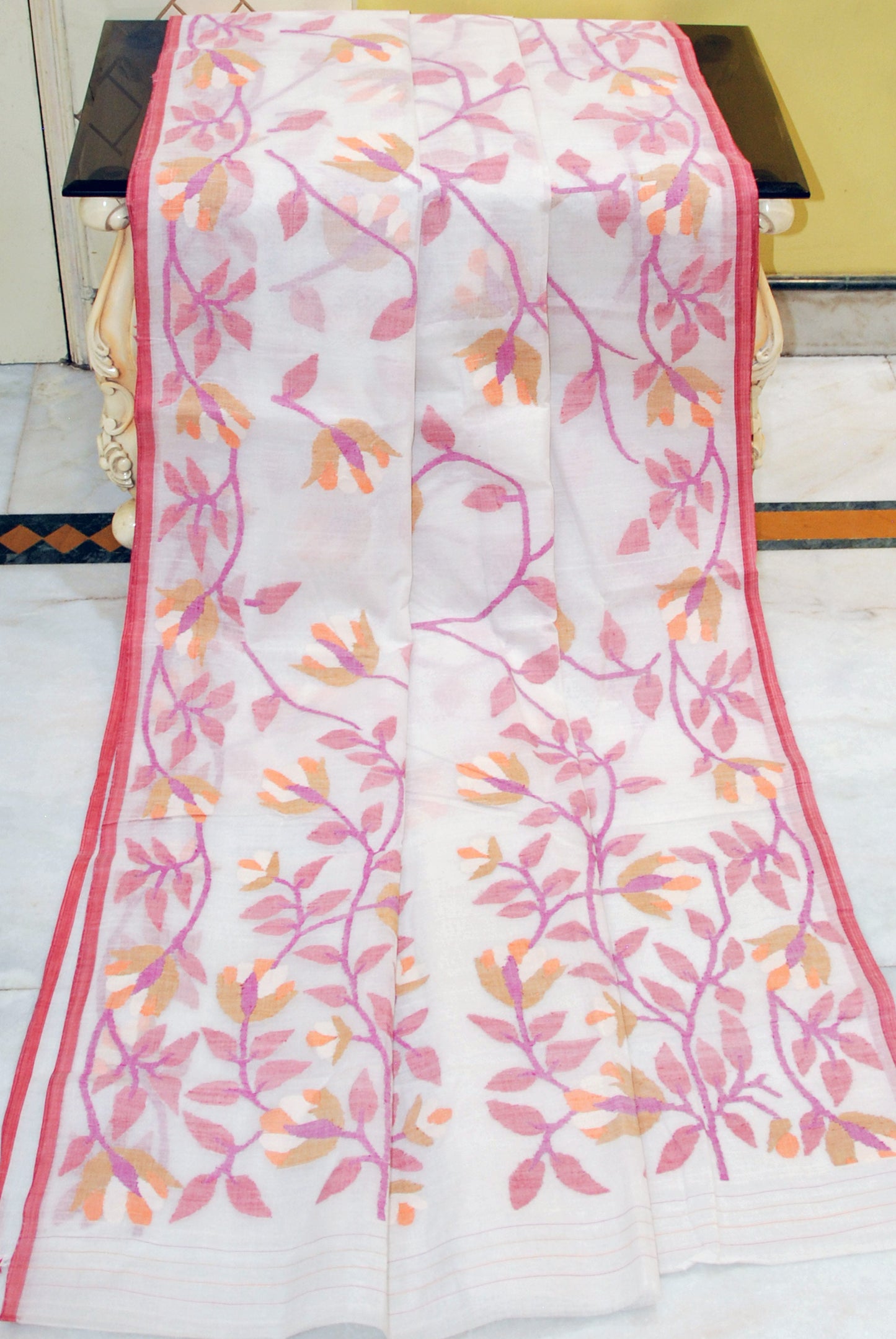 Bengal's Pride Premium Hand Woven Jangla Jaal Work Cotton Dhakai Jamdani Saree in Off White, Red and Multicolored Thread Work