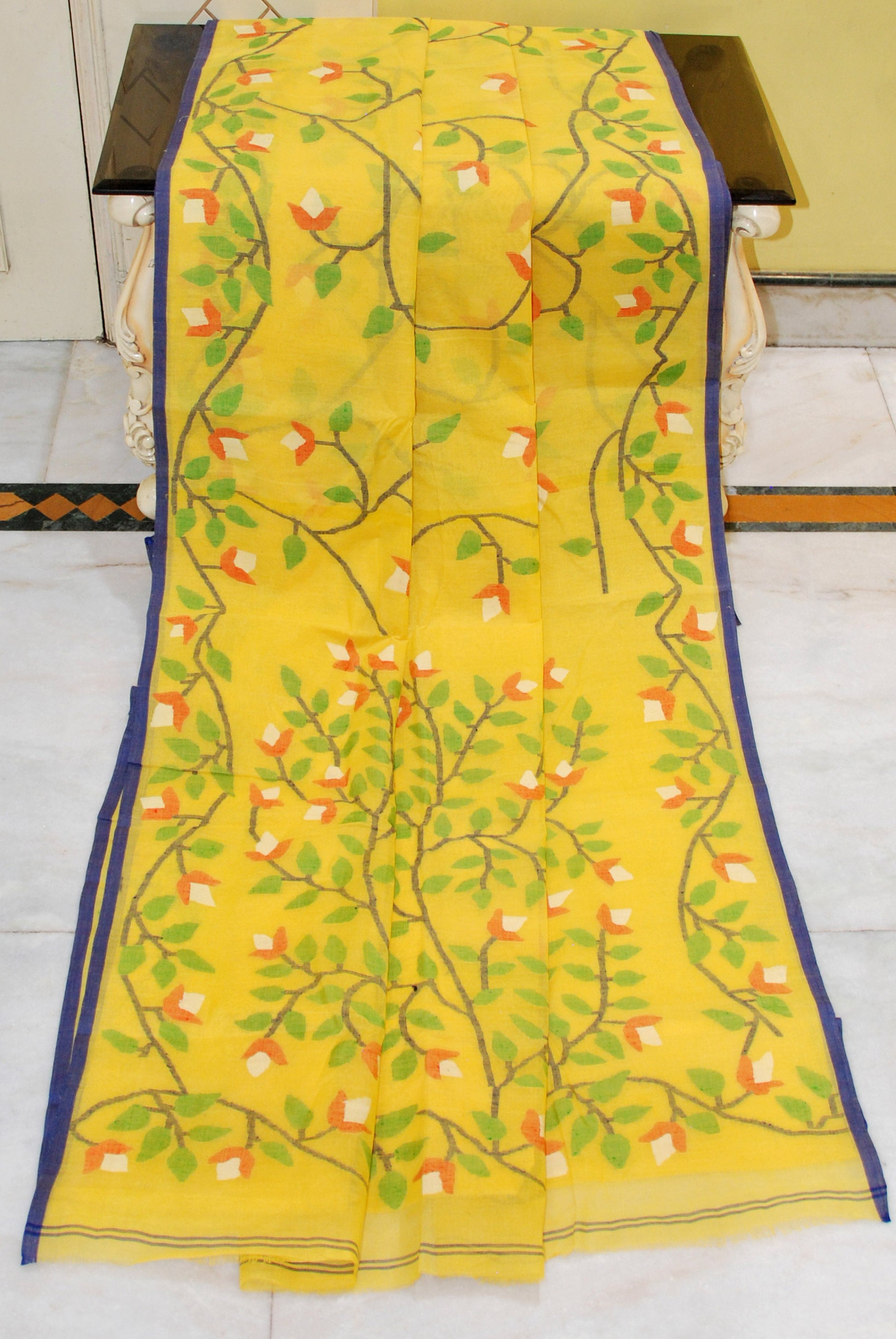 Bengal's Pride Premium Hand Woven Jangla Jaal Work Cotton Dhakai Jamdani Saree in Golden Yellow, Navy Blue and Multicolored Thread Work