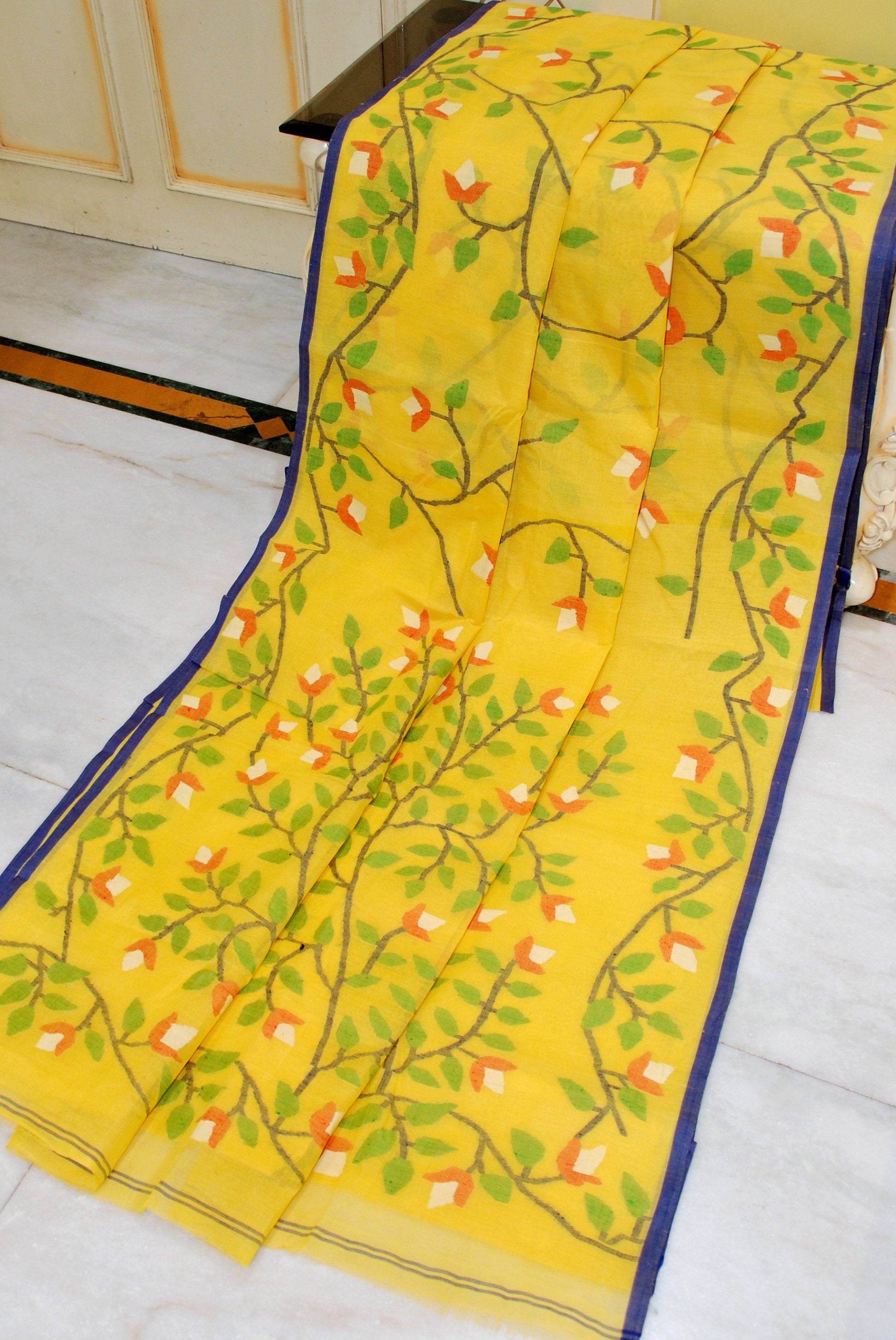 Bengal's Pride Premium Hand Woven Jangla Jaal Work Cotton Dhakai Jamdani Saree in Golden Yellow, Navy Blue and Multicolored Thread Work