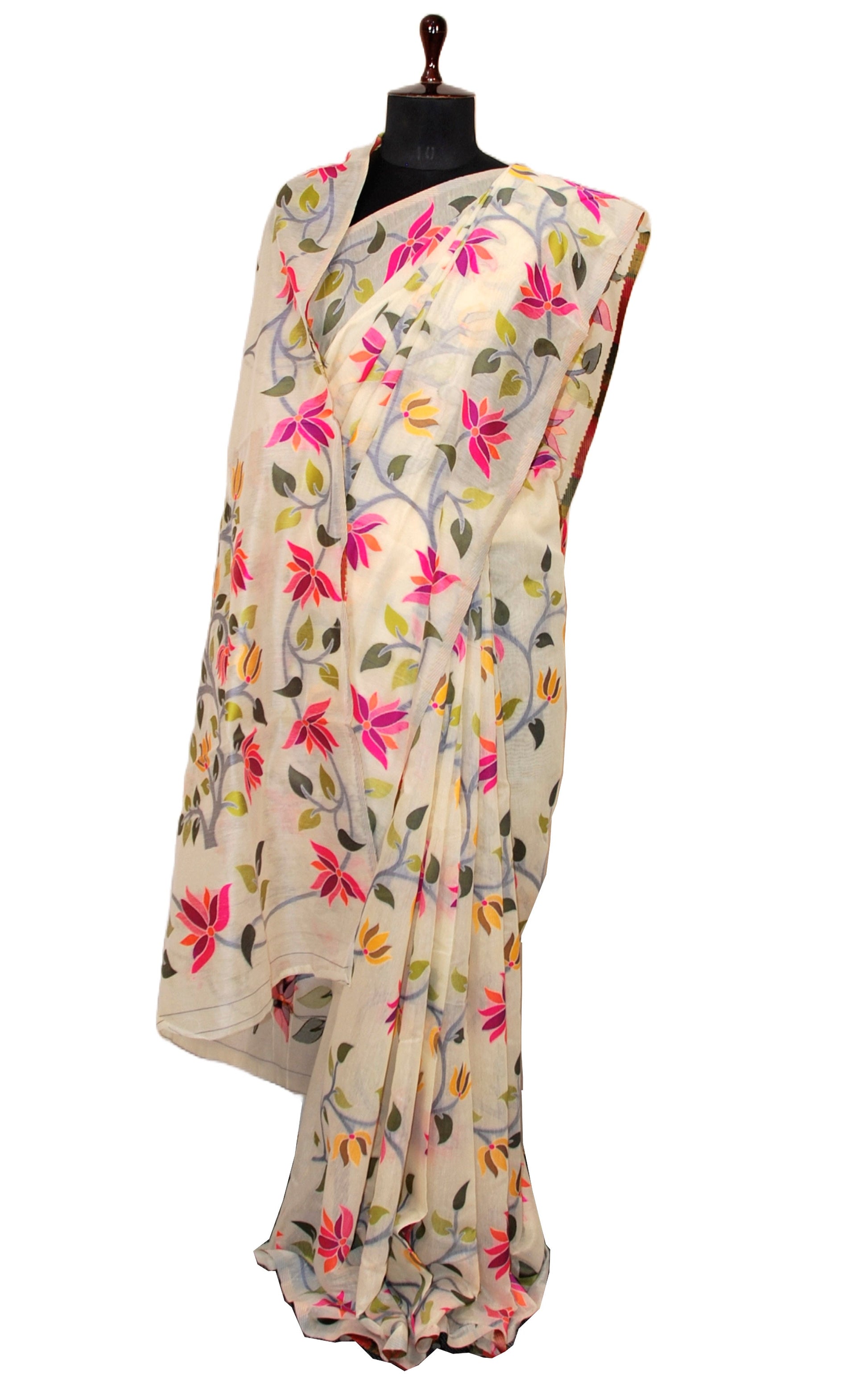 Tantuja Inspired Traditional Soft Jamdani Saree in Chiffon White, Grey and Multicolored