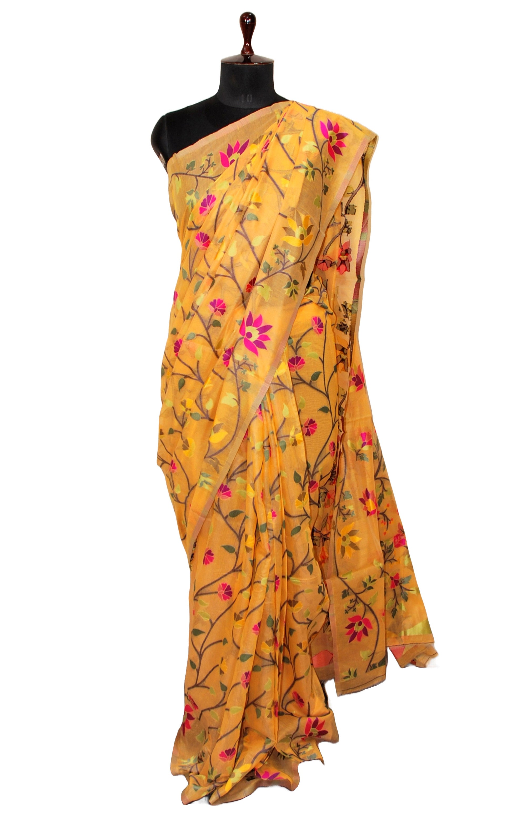 Tantuja Inspired Traditional Soft Jamdani Saree in Pastel Orange, Black and Multicolored