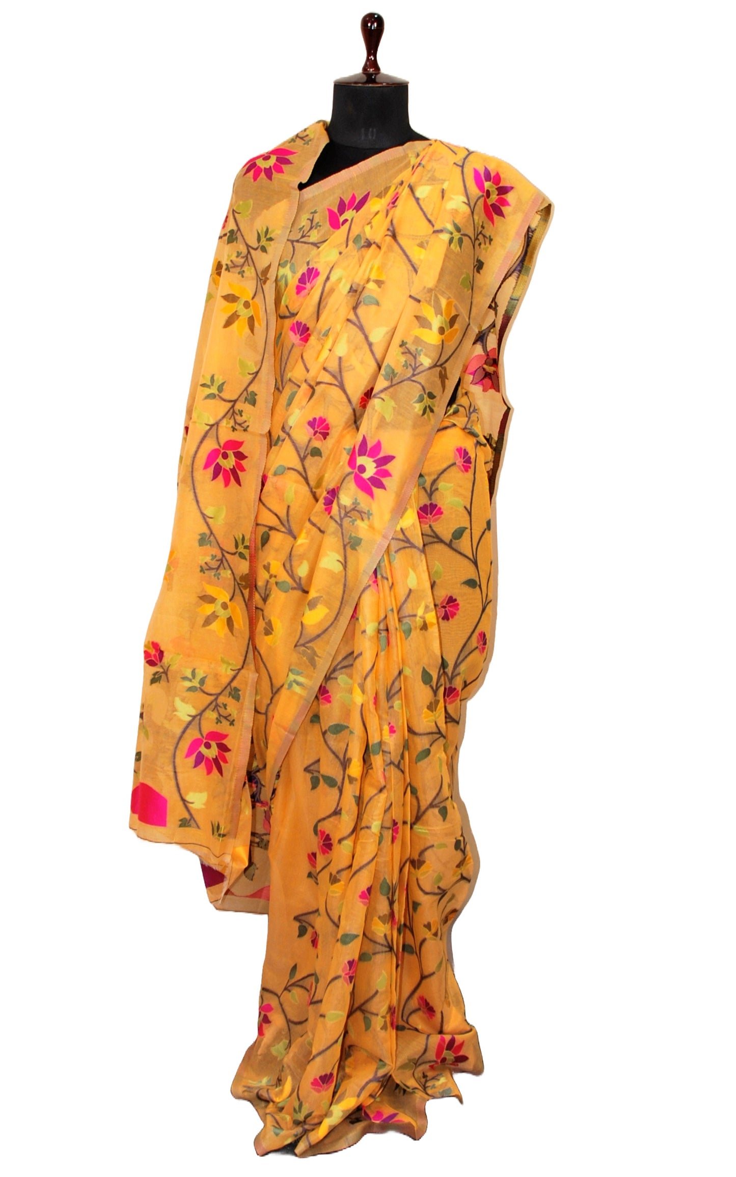 Tantuja Inspired Traditional Soft Jamdani Saree in Pastel Orange, Black and Multicolored