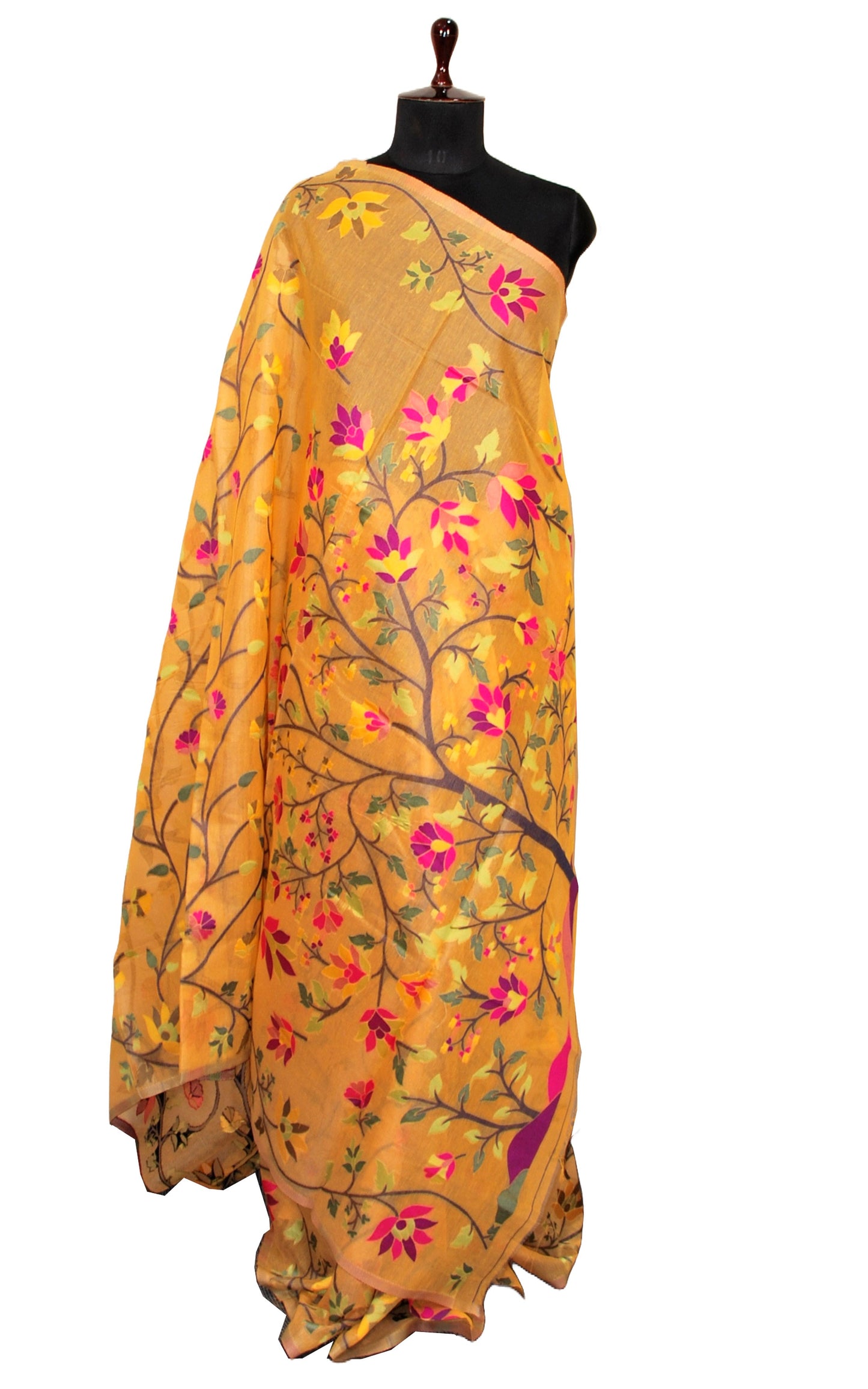 Tantuja Inspired Traditional Soft Jamdani Saree in Pastel Orange, Black and Multicolored